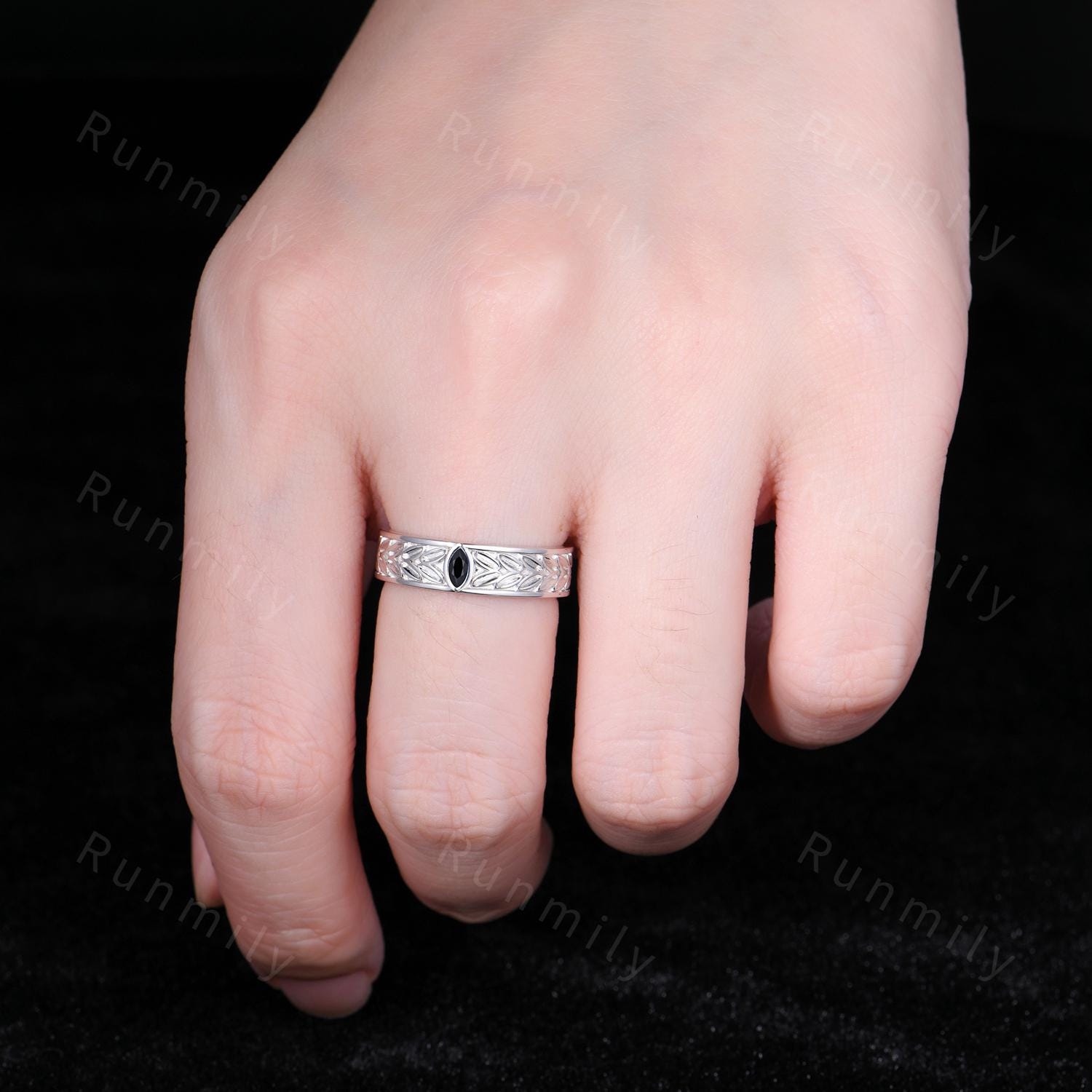 Mens Black Onyx Wedding Band Unique Marquise cut Wedding Band For Mens Natural Gemstone Ring His Engagement Ring Band Leaf-Inspired Ring