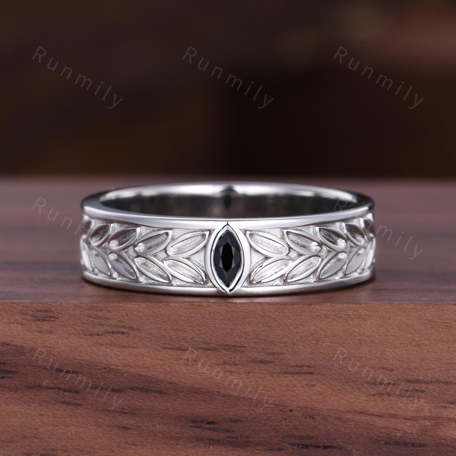 Mens Black Onyx Wedding Band Unique Marquise cut Wedding Band For Mens Natural Gemstone Ring His Engagement Ring Band Leaf-Inspired Ring