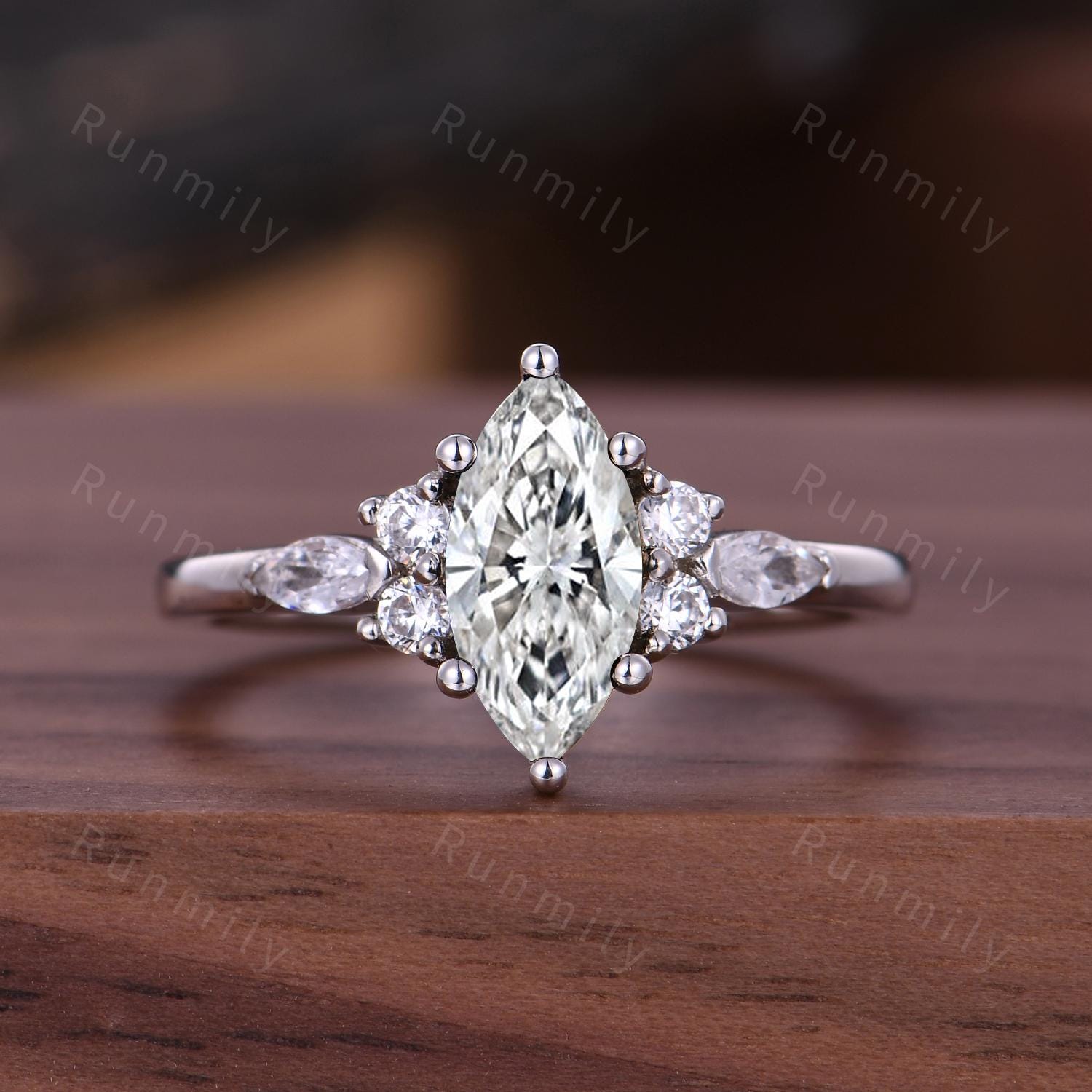 Marquise Cut Moissanite Engagement Ring Unique 14K White Gold Bridal Ring Moissanite Cluster Wedding Ring Vintage Promise Ring Platinum Ring