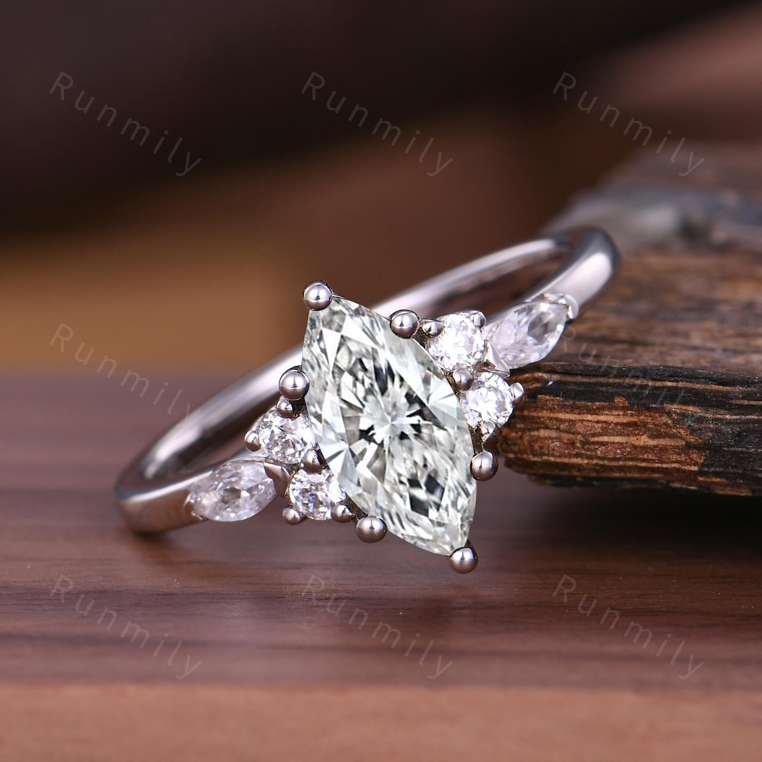Marquise Cut Moissanite Engagement Ring Unique 14K White Gold Bridal Ring Moissanite Cluster Wedding Ring Vintage Promise Ring Platinum Ring