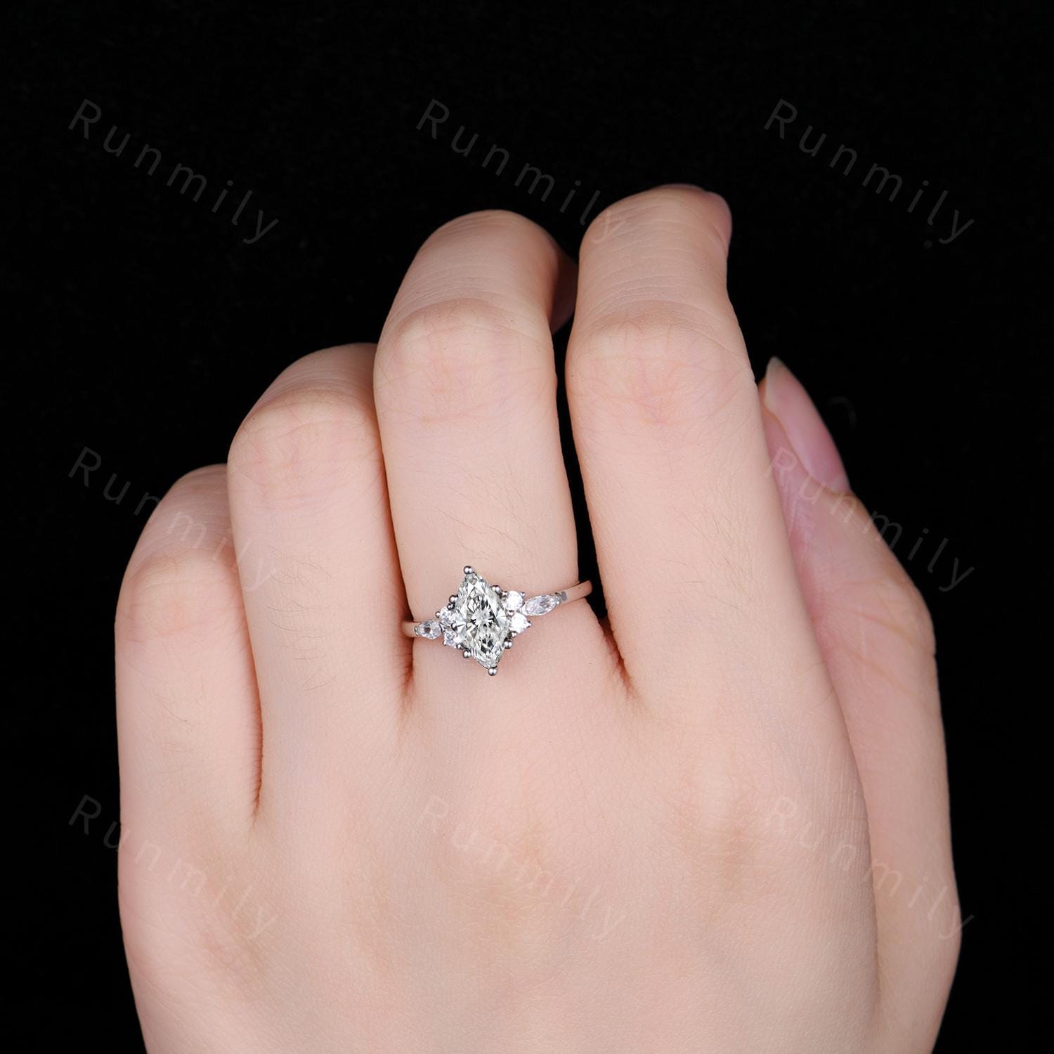 Marquise Cut Moissanite Engagement Ring Unique 14K White Gold Bridal Ring Moissanite Cluster Wedding Ring Vintage Promise Ring Platinum Ring