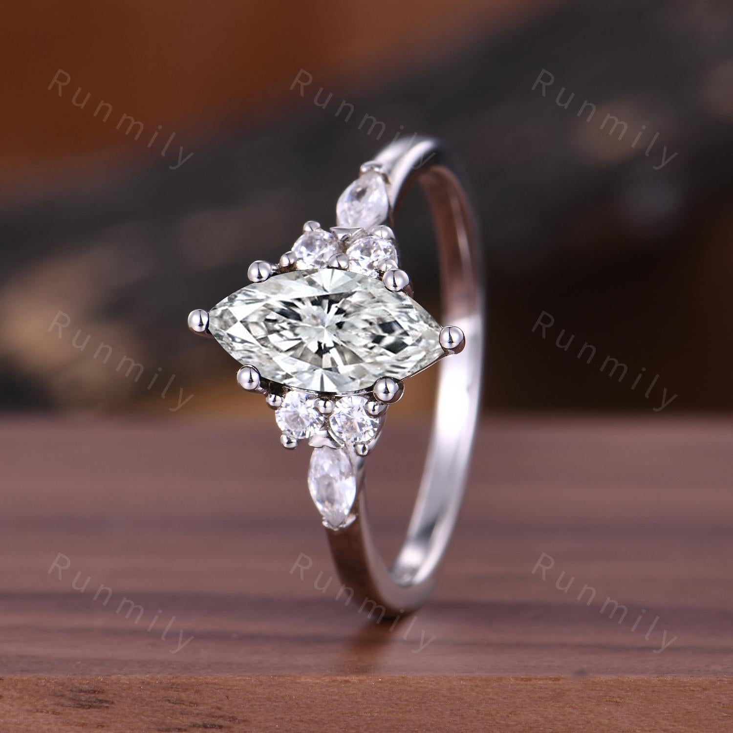 Marquise Cut Moissanite Engagement Ring Unique 14K White Gold Bridal Ring Moissanite Cluster Wedding Ring Vintage Promise Ring Platinum Ring