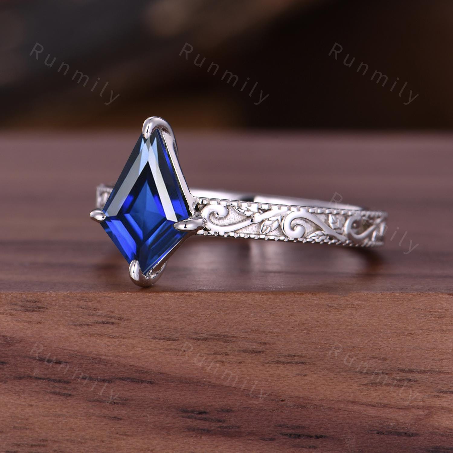 Filigree Antique Leaf Style Blue Sapphire Engagement Ring: 14K White Gold Kite Cut September Bridal Promise Ring