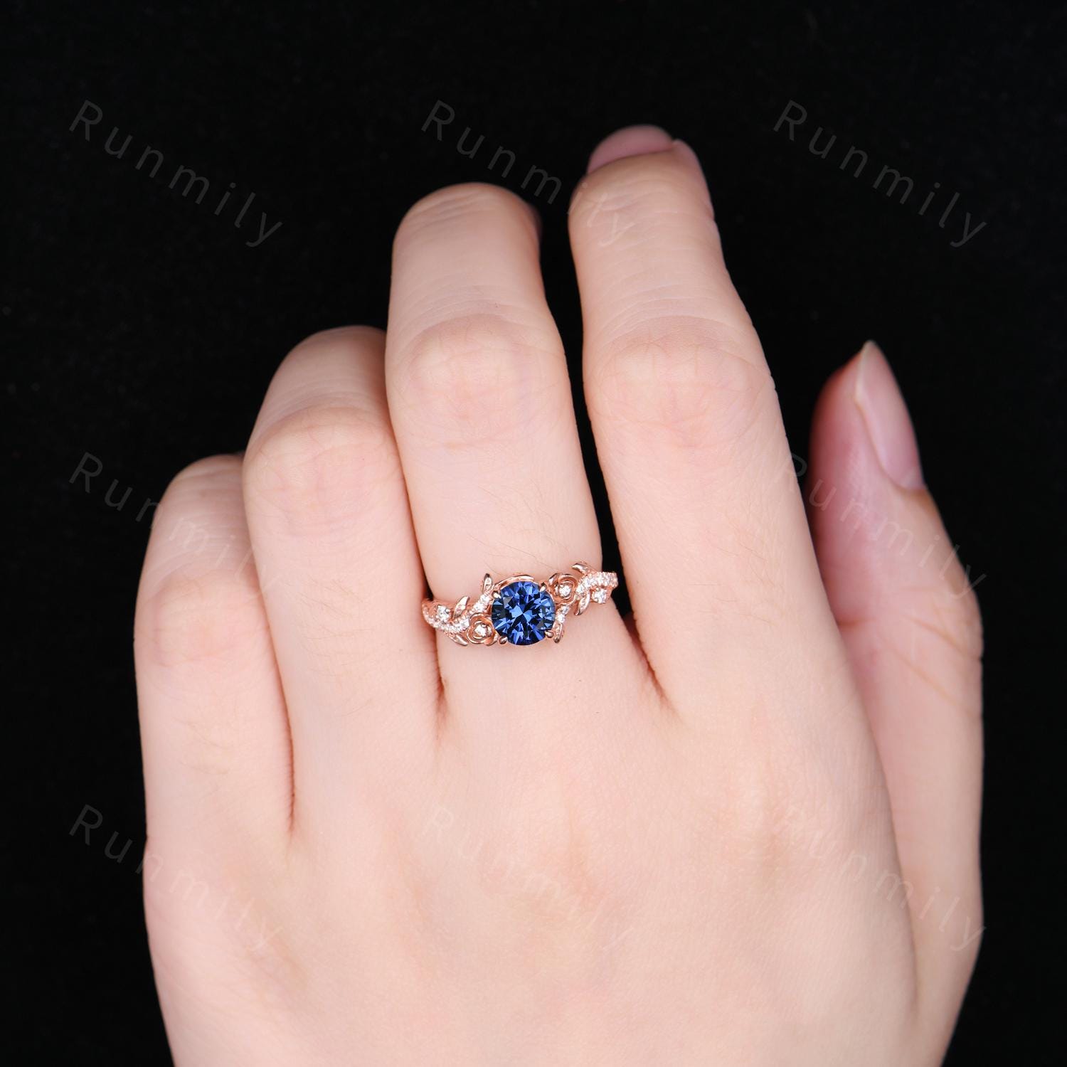 Floral Round Blue Sapphire Engagement Ring Vintage Flower Leaf Ring Women Unique Branch Moissanite Ring September Anniversary Promise Ring