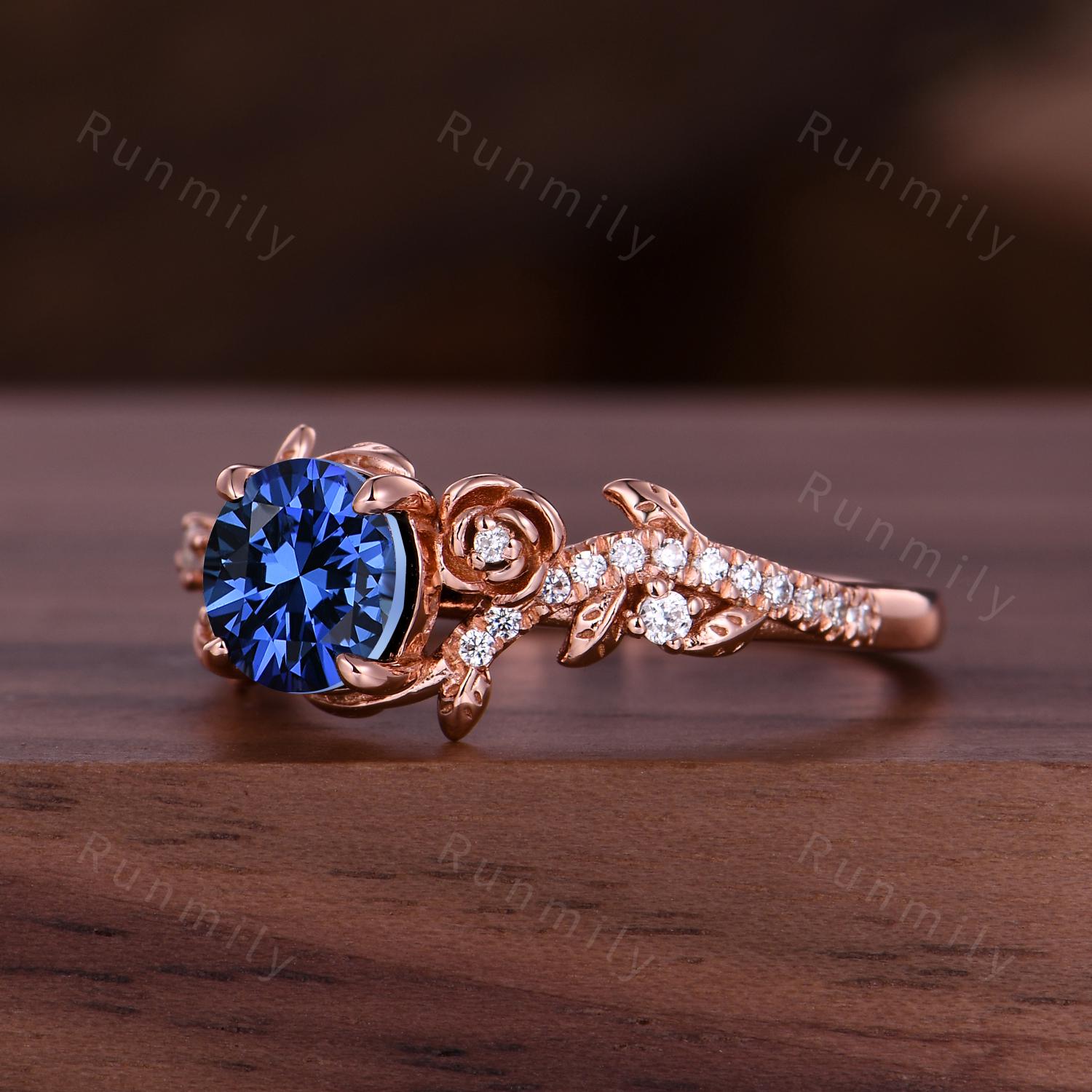 Floral Round Blue Sapphire Engagement Ring Vintage Flower Leaf Ring Women Unique Branch Moissanite Ring September Anniversary Promise Ring