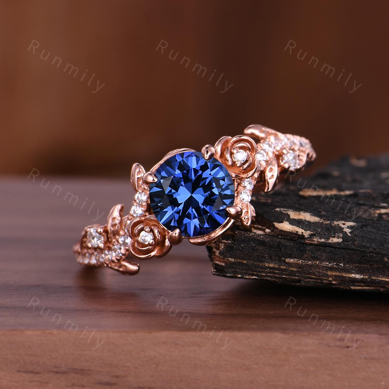 Floral Round Blue Sapphire Engagement Ring Vintage Flower Leaf Ring Women Unique Branch Moissanite Ring September Anniversary Promise Ring