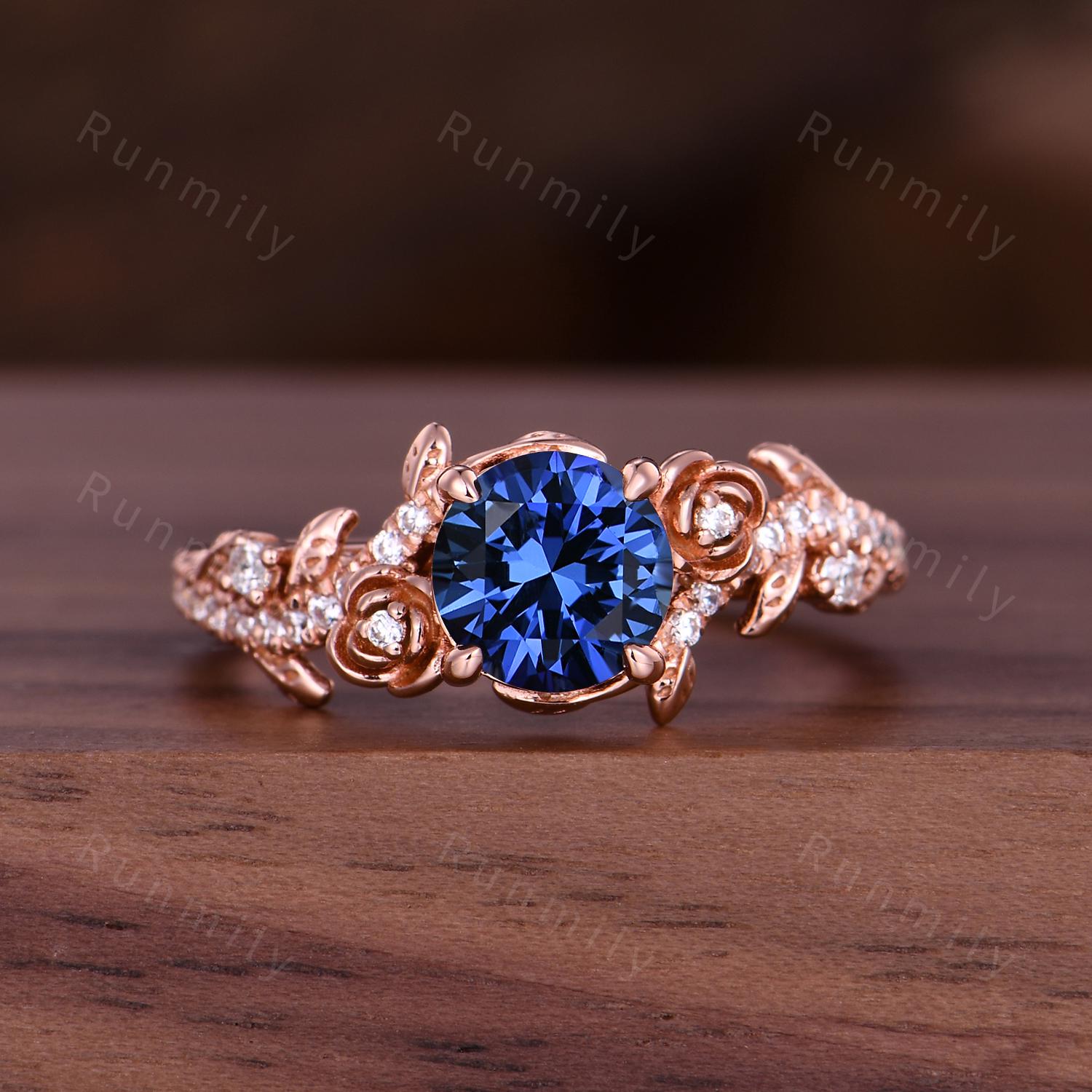 Floral Round Blue Sapphire Engagement Ring Vintage Flower Leaf Ring Women Unique Branch Moissanite Ring September Anniversary Promise Ring