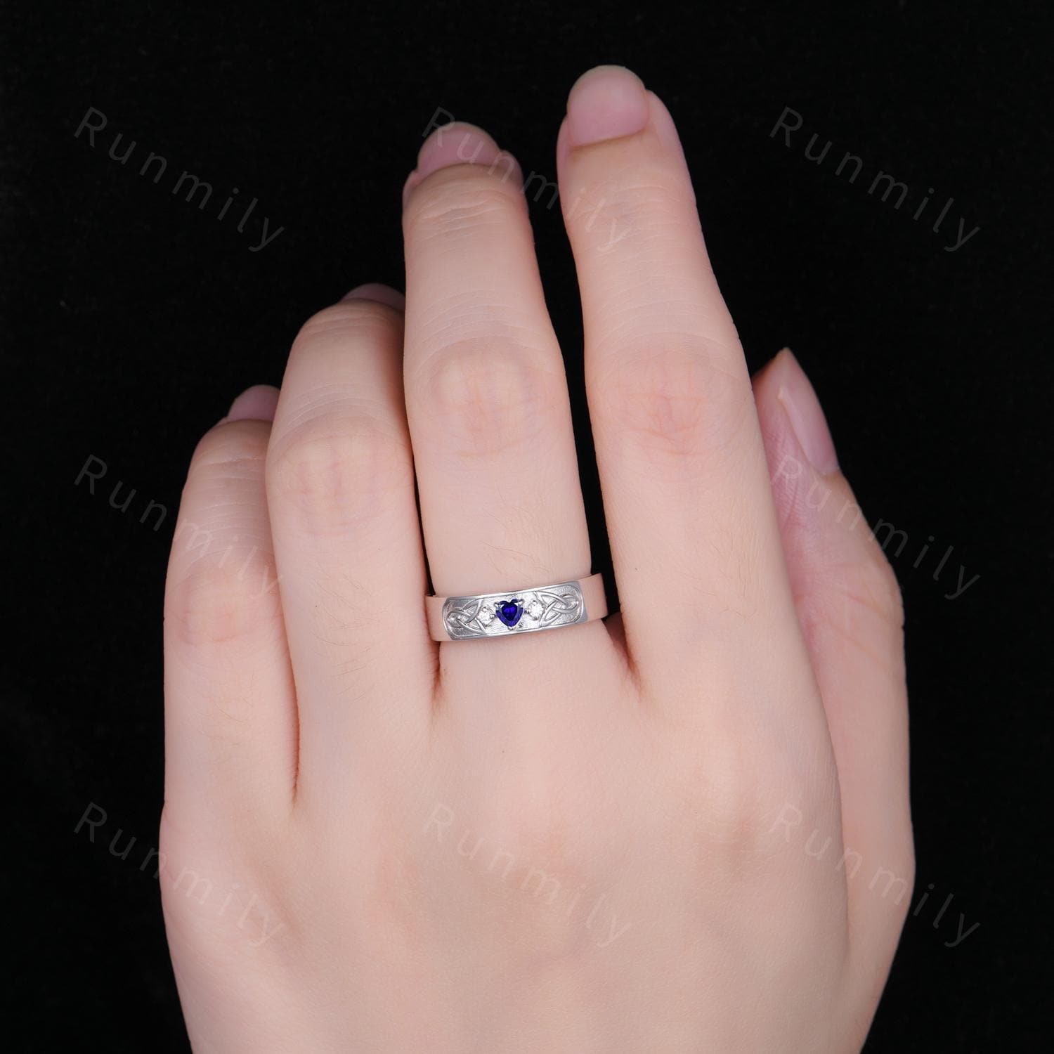 Celtic Men's Blue Sapphire Wedding Band 3mm Heart Cut Gemstone His Engagement Ring Vintage  Mens Stacking Ring Gift For Husband