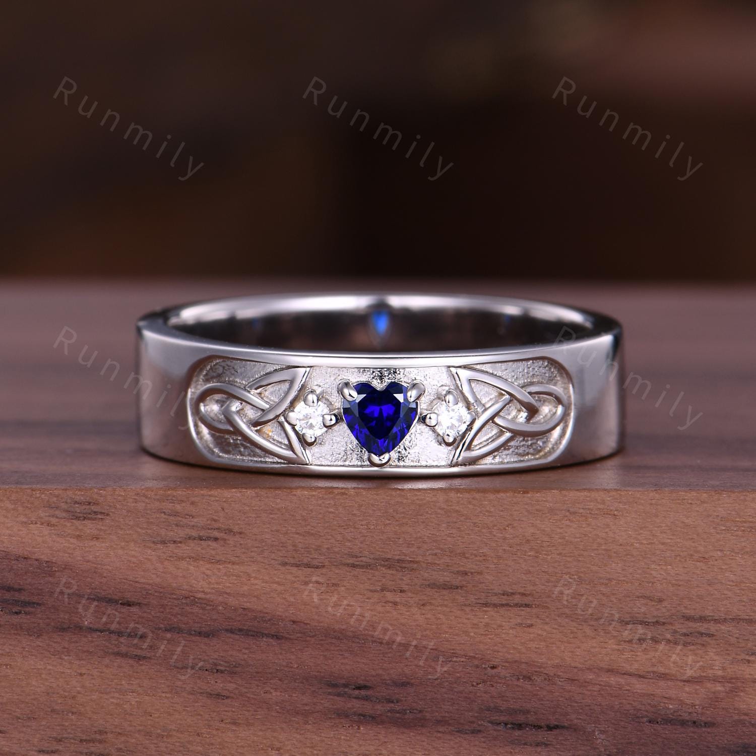 Celtic Men's Blue Sapphire Wedding Band 3mm Heart Cut Gemstone His Engagement Ring Vintage  Mens Stacking Ring Gift For Husband