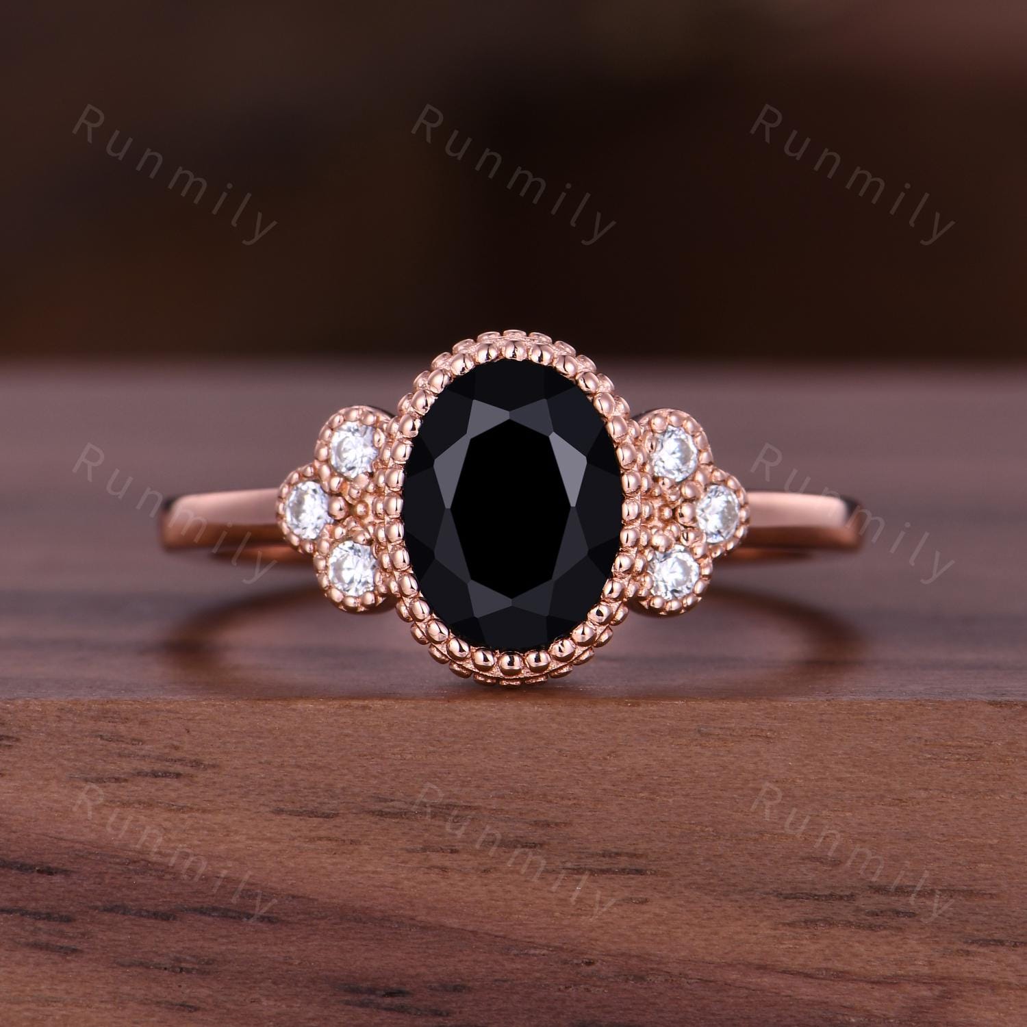 Vintage Black Onyx Couples Ring Set, Rose Gold His and Hers Wedding Bands, 8mm Men's Meteorite Ring Unique Promise Rings