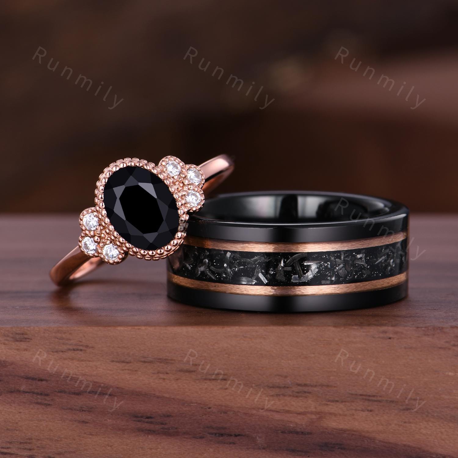 Vintage Black Onyx Couples Ring Set, Rose Gold His and Hers Wedding Bands, 8mm Men's Meteorite Ring Unique Promise Rings