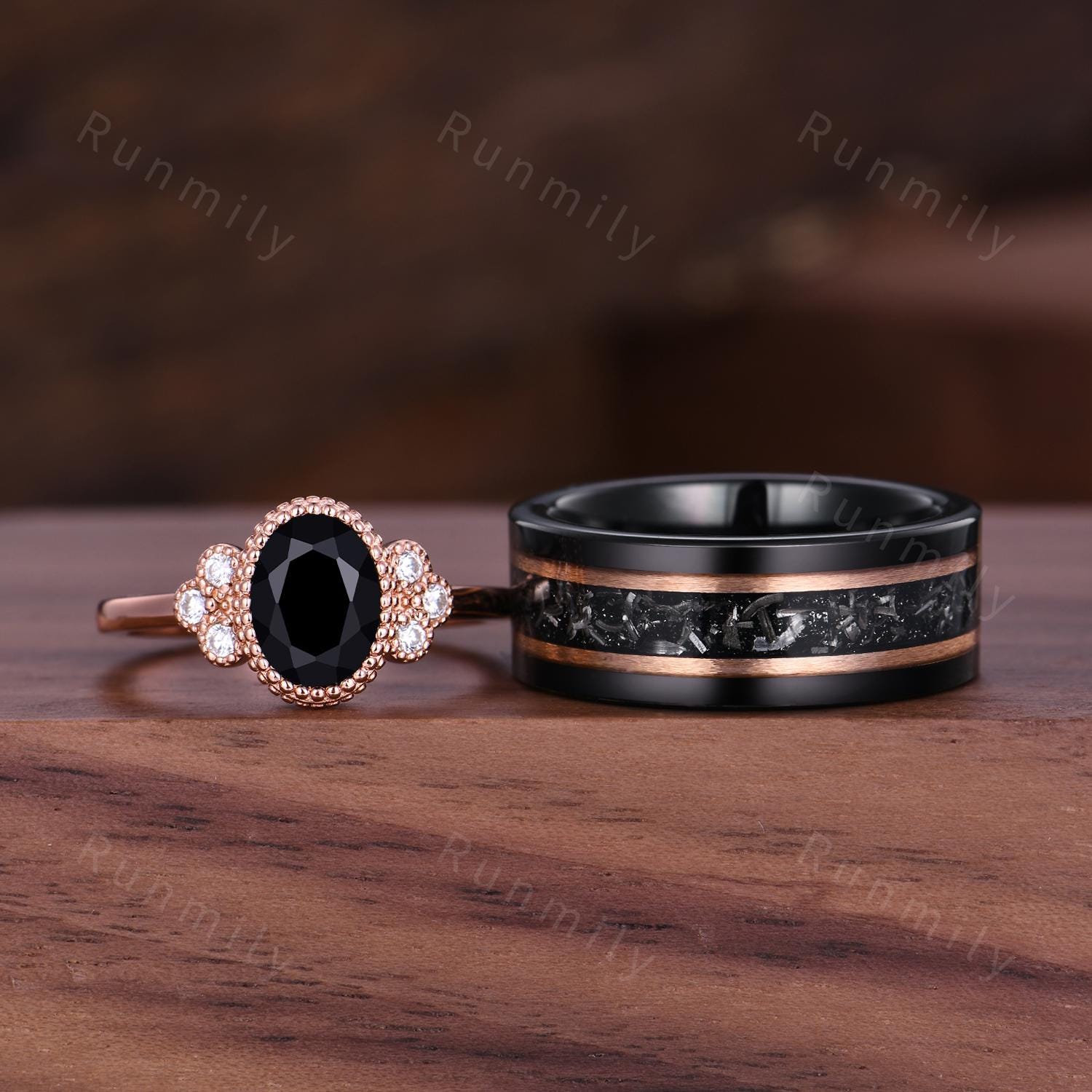 Vintage Black Onyx Couples Ring Set, Rose Gold His and Hers Wedding Bands, 8mm Men's Meteorite Ring Unique Promise Rings