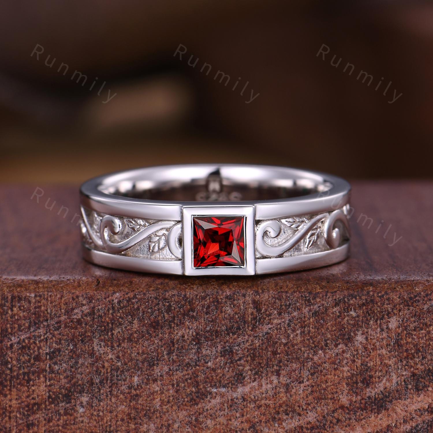 Men's Garnet Wedding Band White Gold Princess Cut Ring His Engagement Ring Vintage Wave Leaf Ring Mens Stacking Ring Gift For Husband