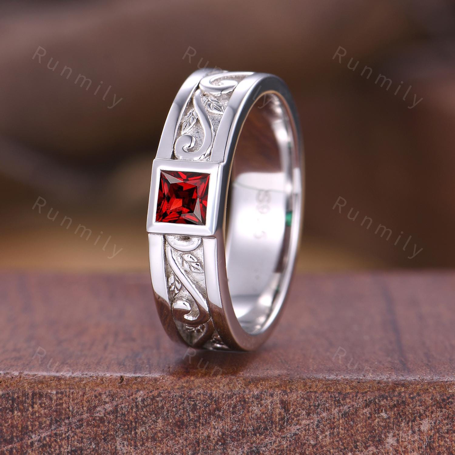 Men's Garnet Wedding Band White Gold Princess Cut Ring His Engagement Ring Vintage Wave Leaf Ring Mens Stacking Ring Gift For Husband