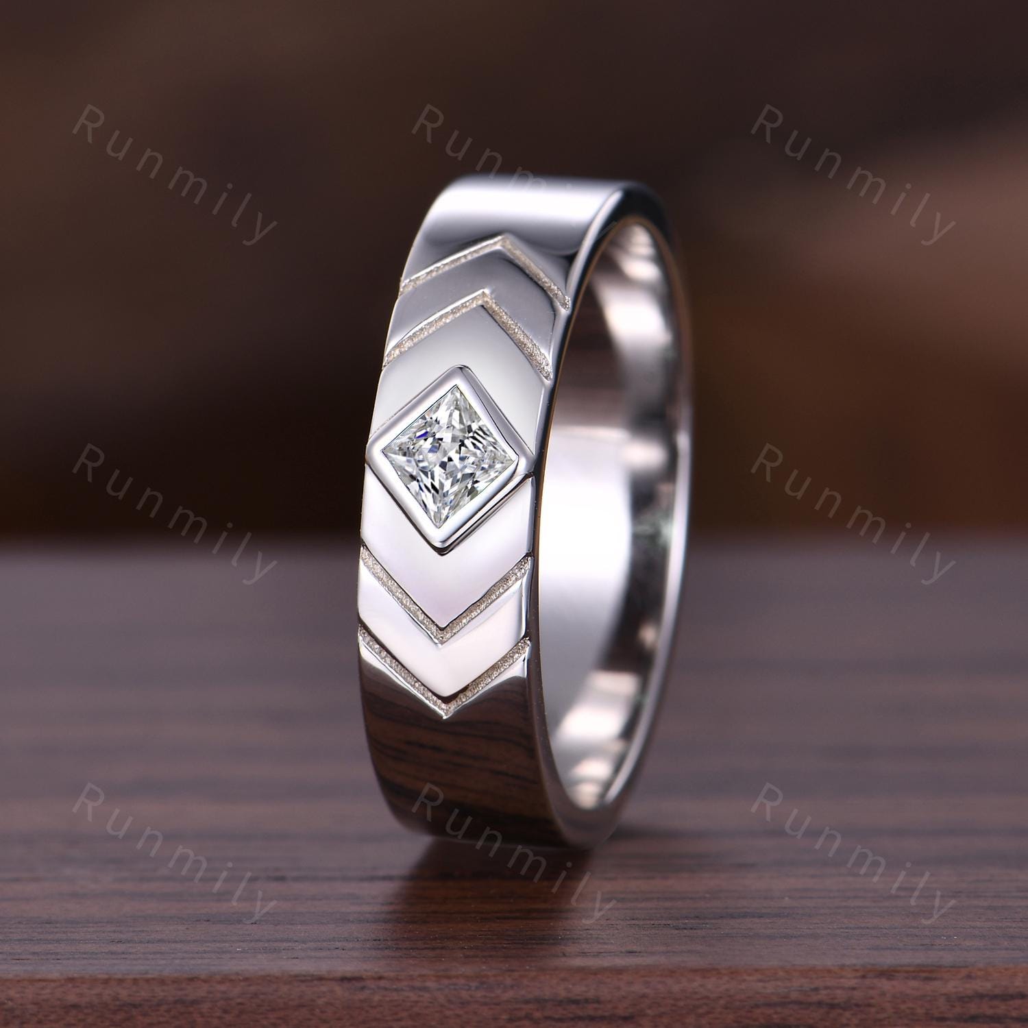 Princess cut Moissanite Mens Wedding Band Silver 5mm Men's Stacking Ring Unique His Engagement Ring Band Retro Vintage Bezel Set Ring