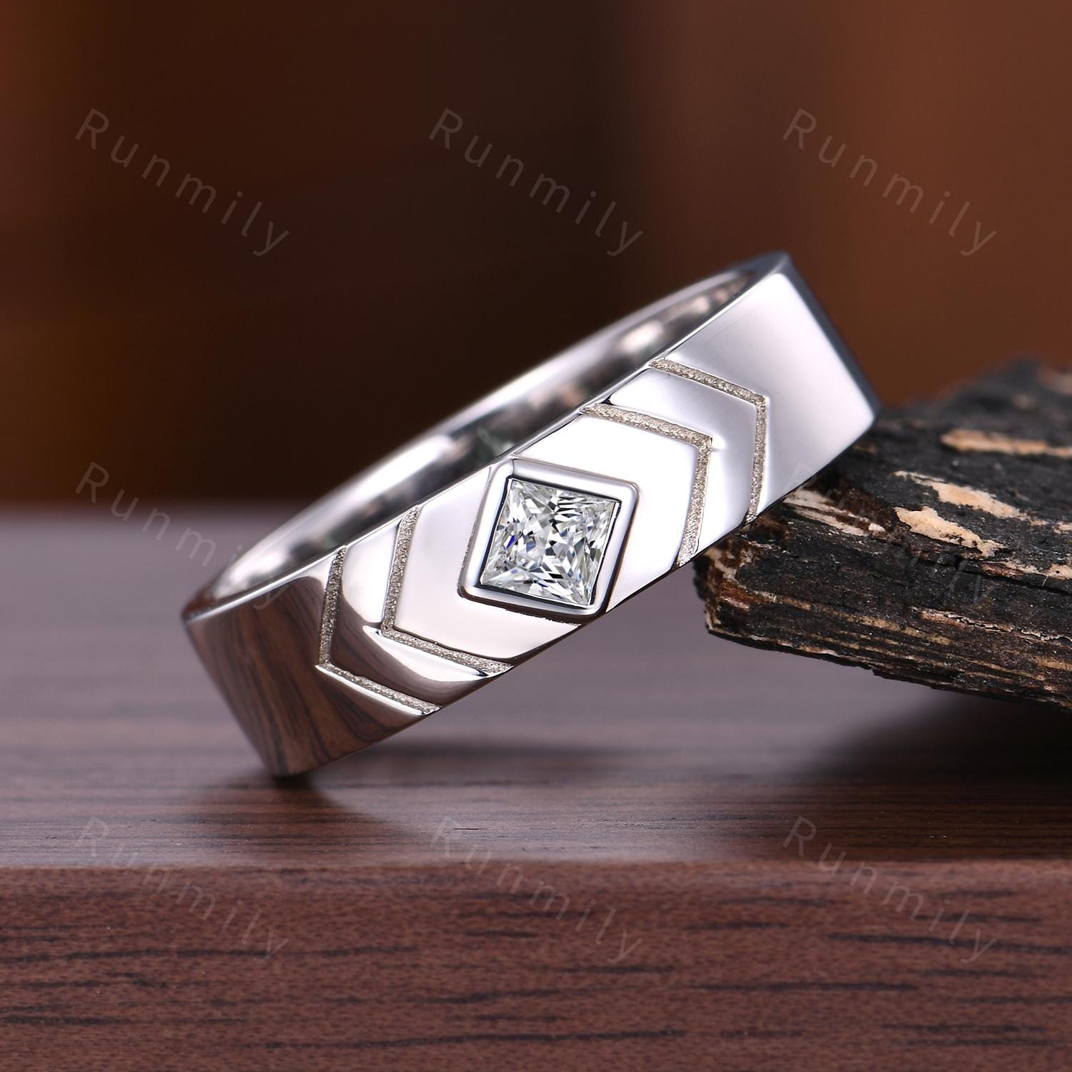 Princess cut Moissanite Mens Wedding Band Silver 5mm Men's Stacking Ring Unique His Engagement Ring Band Retro Vintage Bezel Set Ring