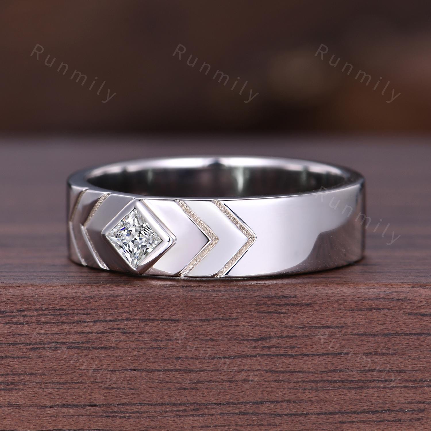 Princess cut Moissanite Mens Wedding Band Silver 5mm Men's Stacking Ring Unique His Engagement Ring Band Retro Vintage Bezel Set Ring