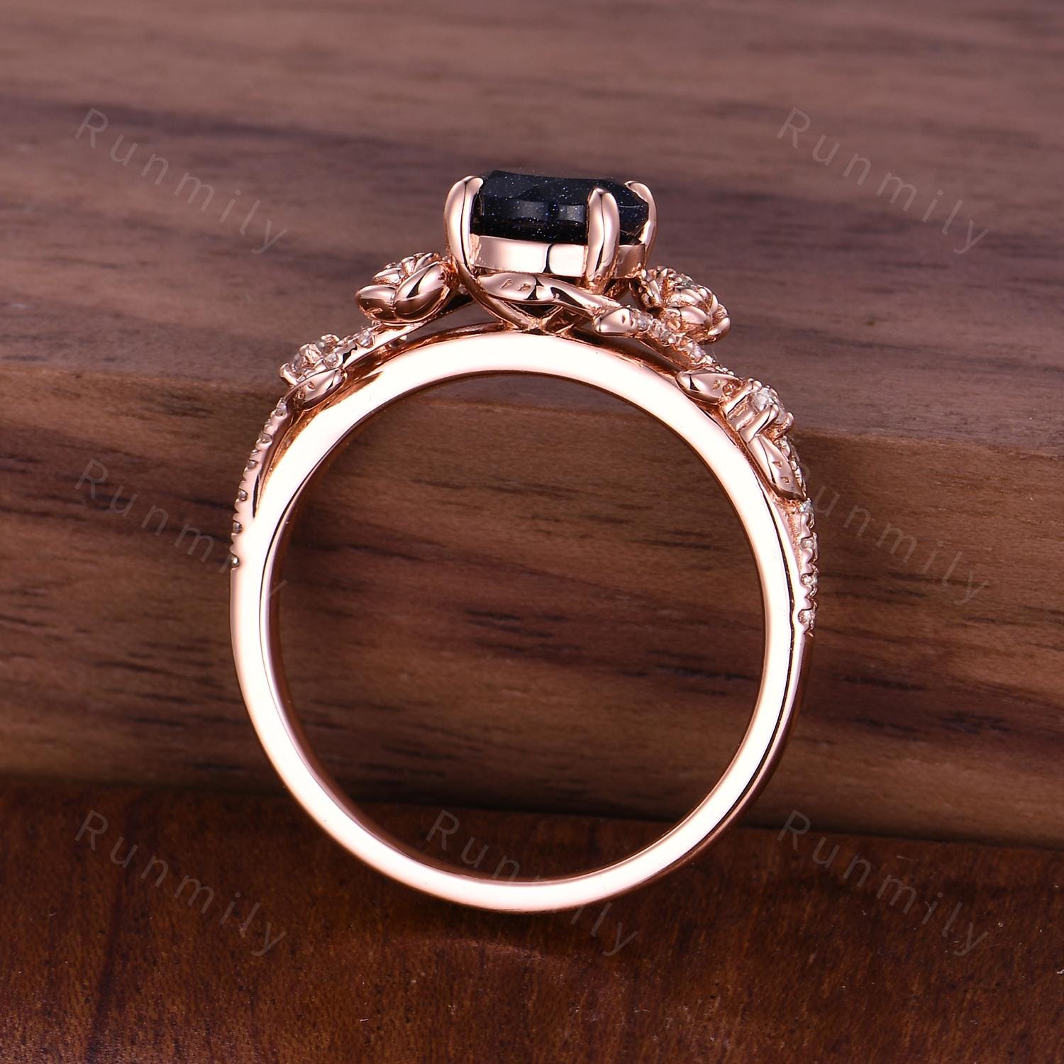 Galaxy Sandstone Engagement Ring Vintage Garden Floral Ring For Women Unique Twig Leaf Moissanite Ring Blue Sandstone Promise Ring