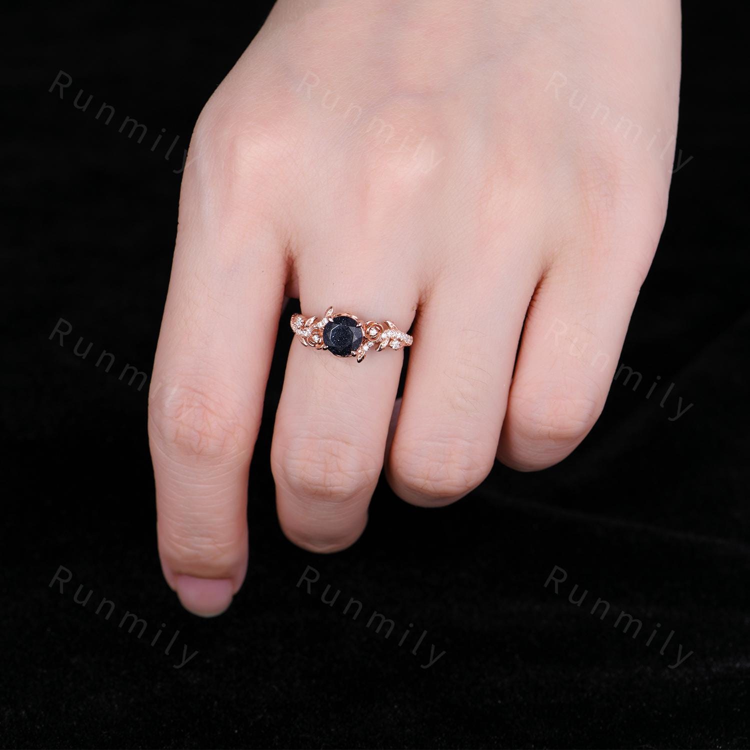 Galaxy Sandstone Engagement Ring Vintage Garden Floral Ring For Women Unique Twig Leaf Moissanite Ring Blue Sandstone Promise Ring
