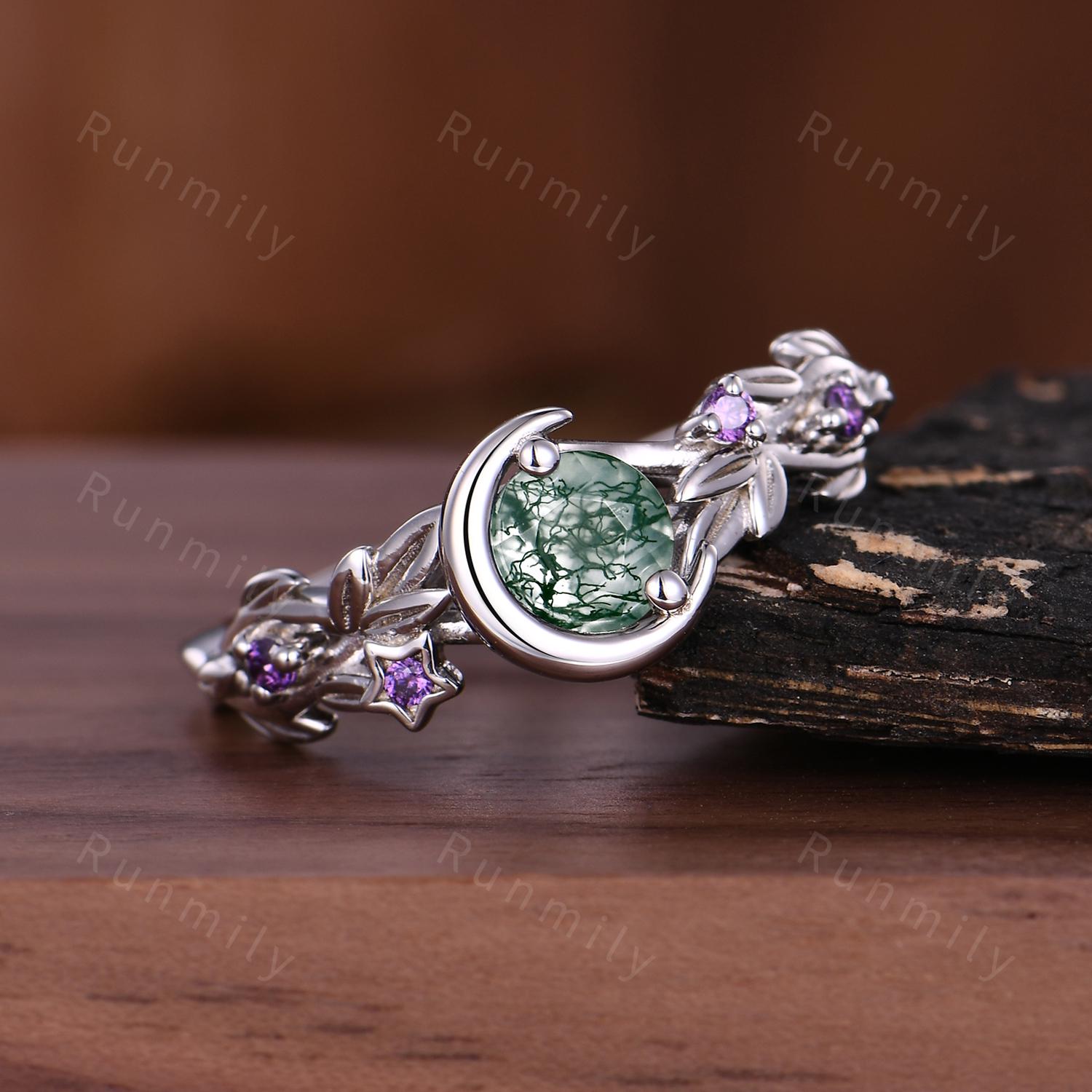 Round cut Moss Agate Engagement Ring Sterling Silver Art Deco Crescent Leaf Amethyst Ring Women Nature inspired Bridal Promise Wedding Ring
