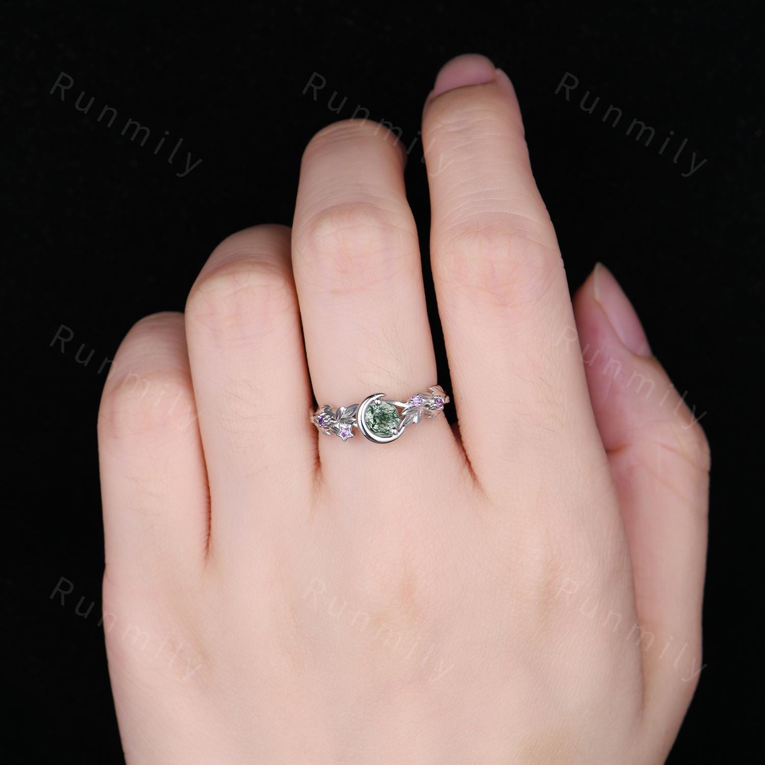 Round cut Moss Agate Engagement Ring Sterling Silver Art Deco Crescent Leaf Amethyst Ring Women Nature inspired Bridal Promise Wedding Ring