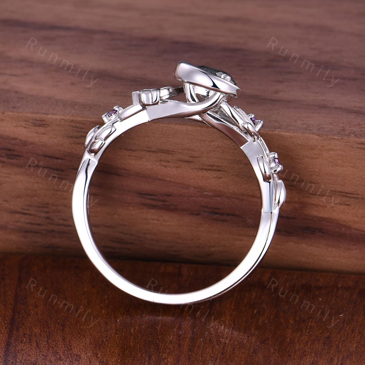 Round cut Moss Agate Engagement Ring Sterling Silver Art Deco Crescent Leaf Amethyst Ring Women Nature inspired Bridal Promise Wedding Ring