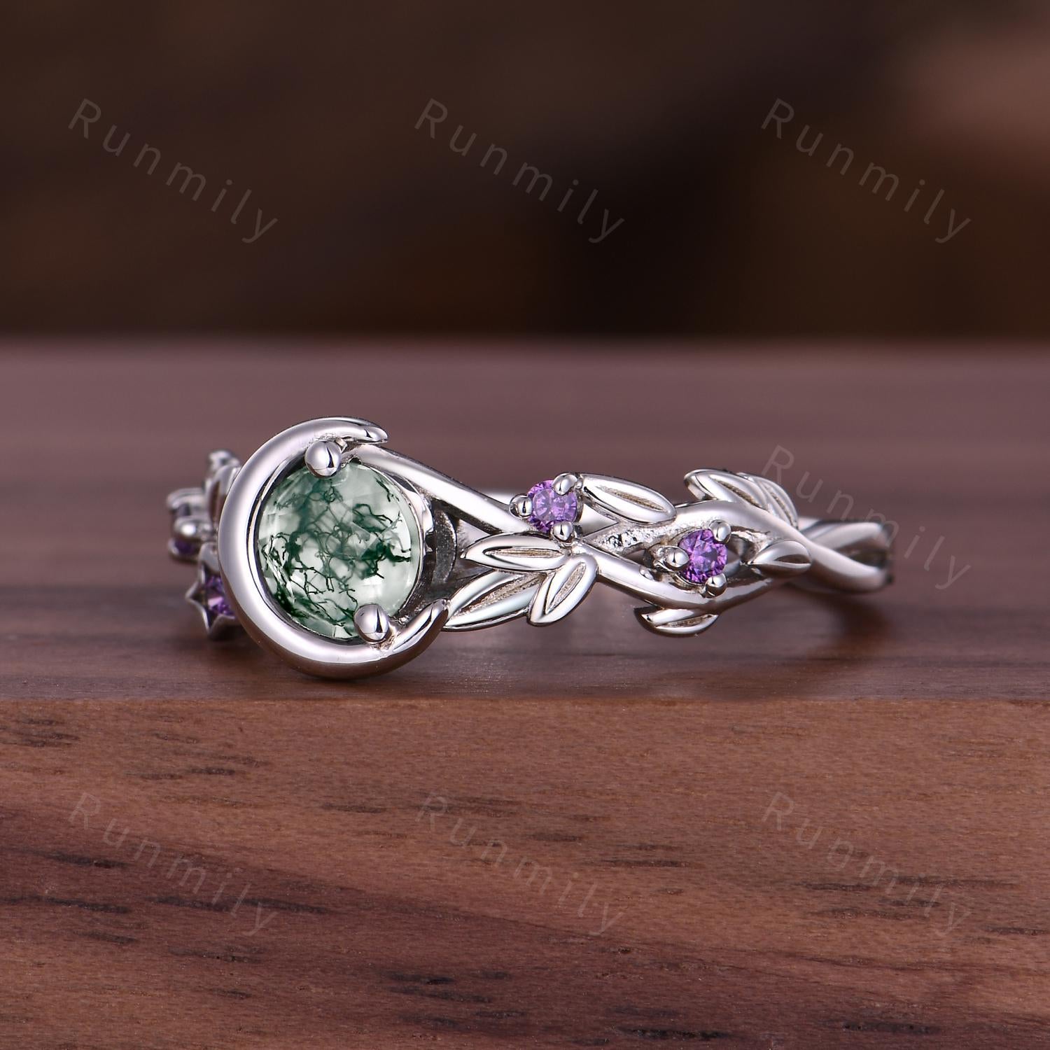 Round cut Moss Agate Engagement Ring Sterling Silver Art Deco Crescent Leaf Amethyst Ring Women Nature inspired Bridal Promise Wedding Ring