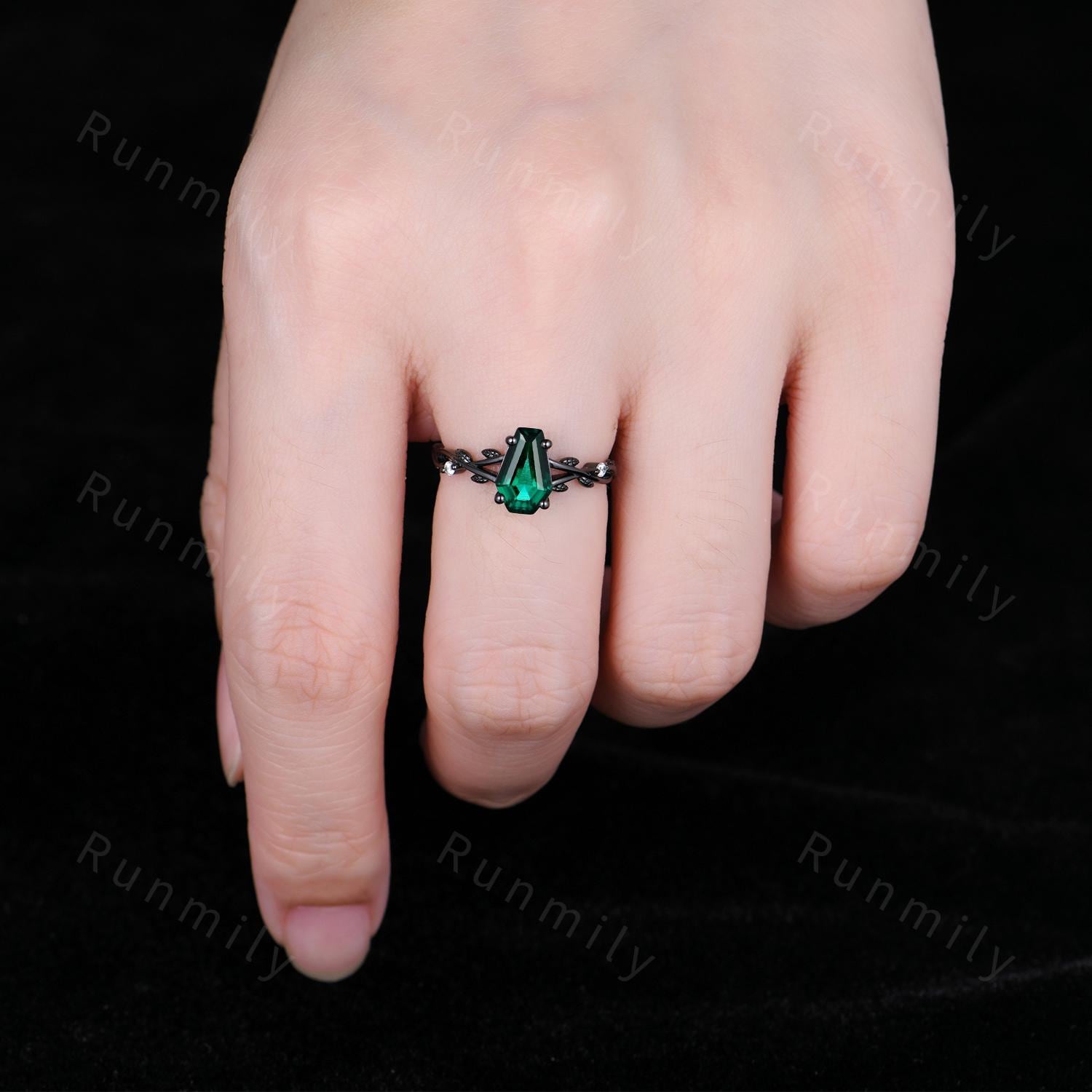 Coffin cut green emerald engagement ring twig leaf Black gold ring Art deco leaf design wedding ring nature inspired promise ring for her