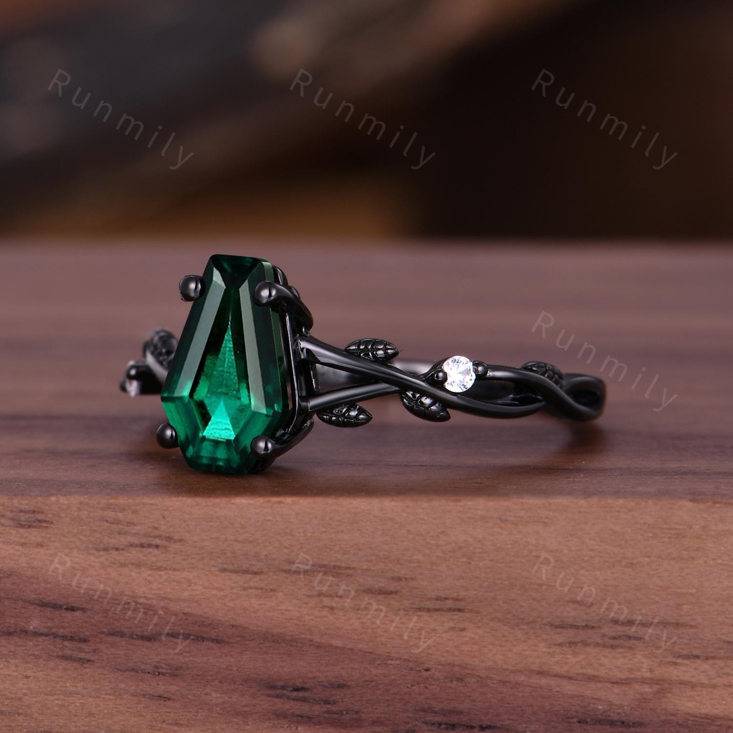 Coffin cut green emerald engagement ring twig leaf Black gold ring Art deco leaf design wedding ring nature inspired promise ring for her