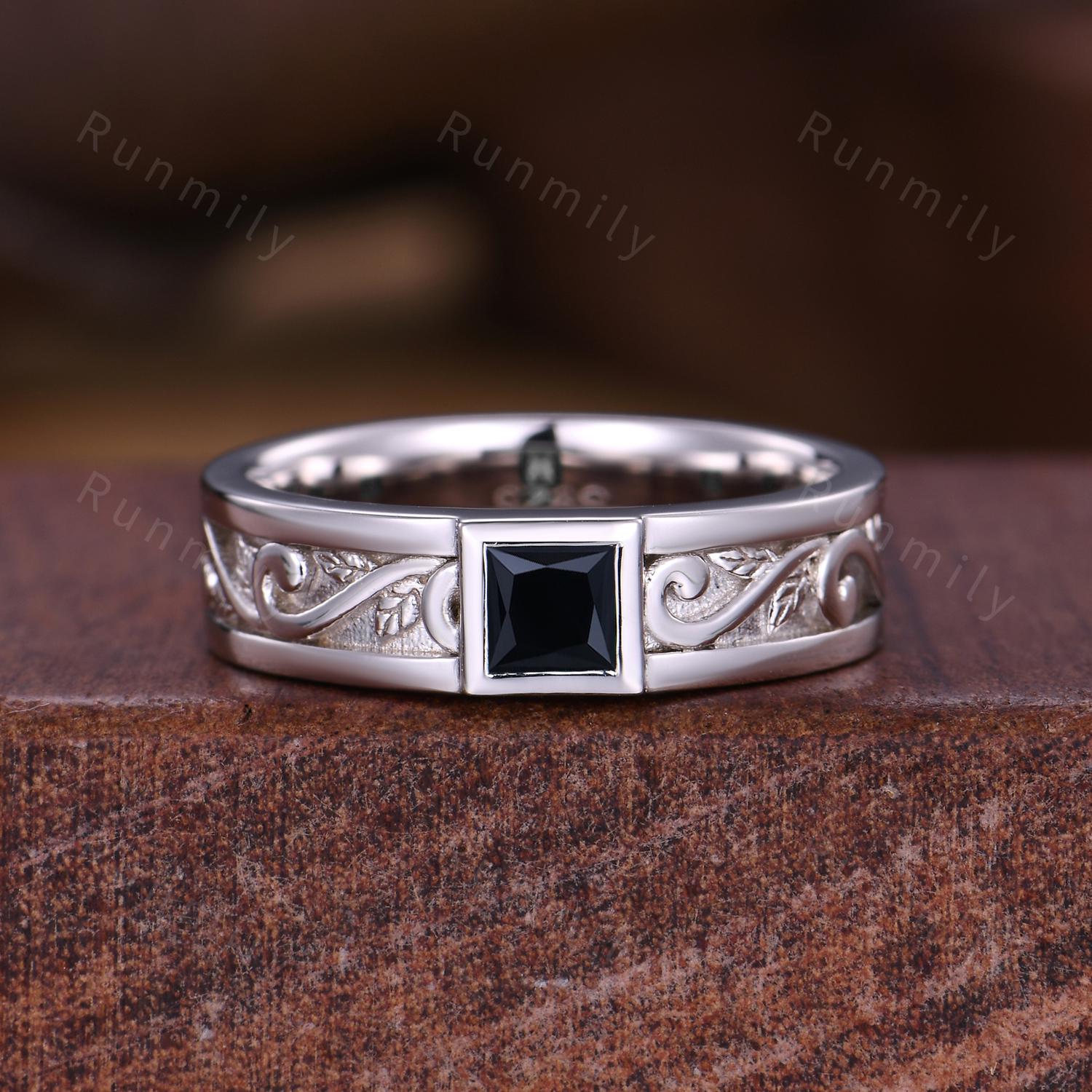 Men's Black Onyx Wedding Band White Gold Princess Cut Wedding Engagement Ring Vintage Wave Leaf Ring Mens Stacking Ring His Gemstone Ring