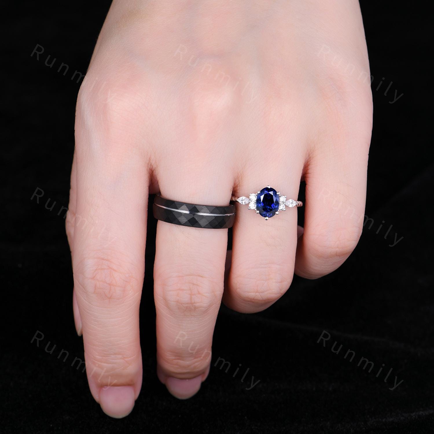 Vintage Oval Blue Sapphire Couples Ring Unique Silver Matching Ring Set His and Hers Wedding Band Promise Ring For Men For Women Blue Gem