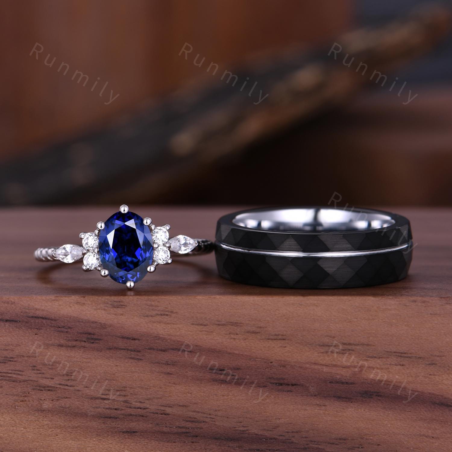 Vintage Oval Blue Sapphire Couples Ring Unique Silver Matching Ring Set His and Hers Wedding Band Promise Ring For Men For Women Blue Gem