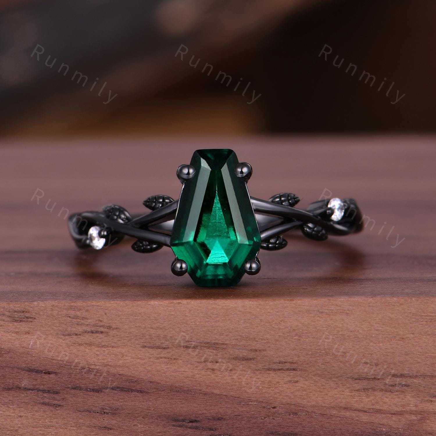 Coffin cut green emerald engagement ring twig leaf Black gold ring Art deco leaf design wedding ring nature inspired promise ring for her