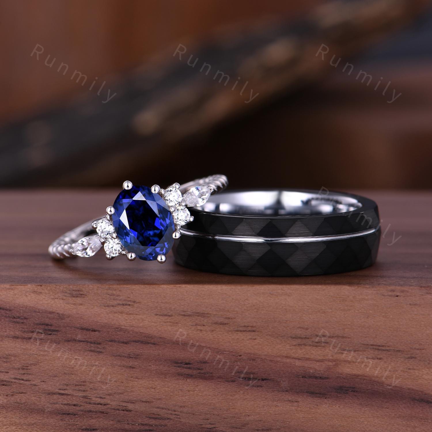 Vintage Oval Blue Sapphire Couples Ring Unique Silver Matching Ring Set His and Hers Wedding Band Promise Ring For Men For Women Blue Gem