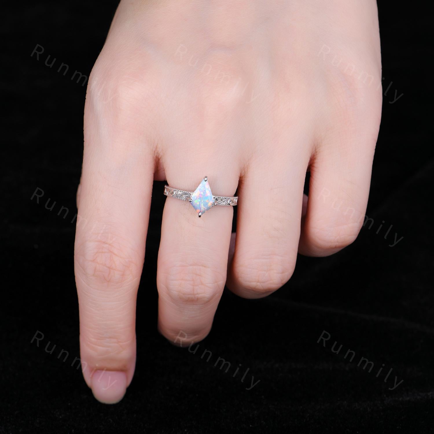 Kite Cut White Opal Engagement Ring Filigree Vintage Leaf Style 14k White Gold Antique Bridal Promise Ring October Ring
