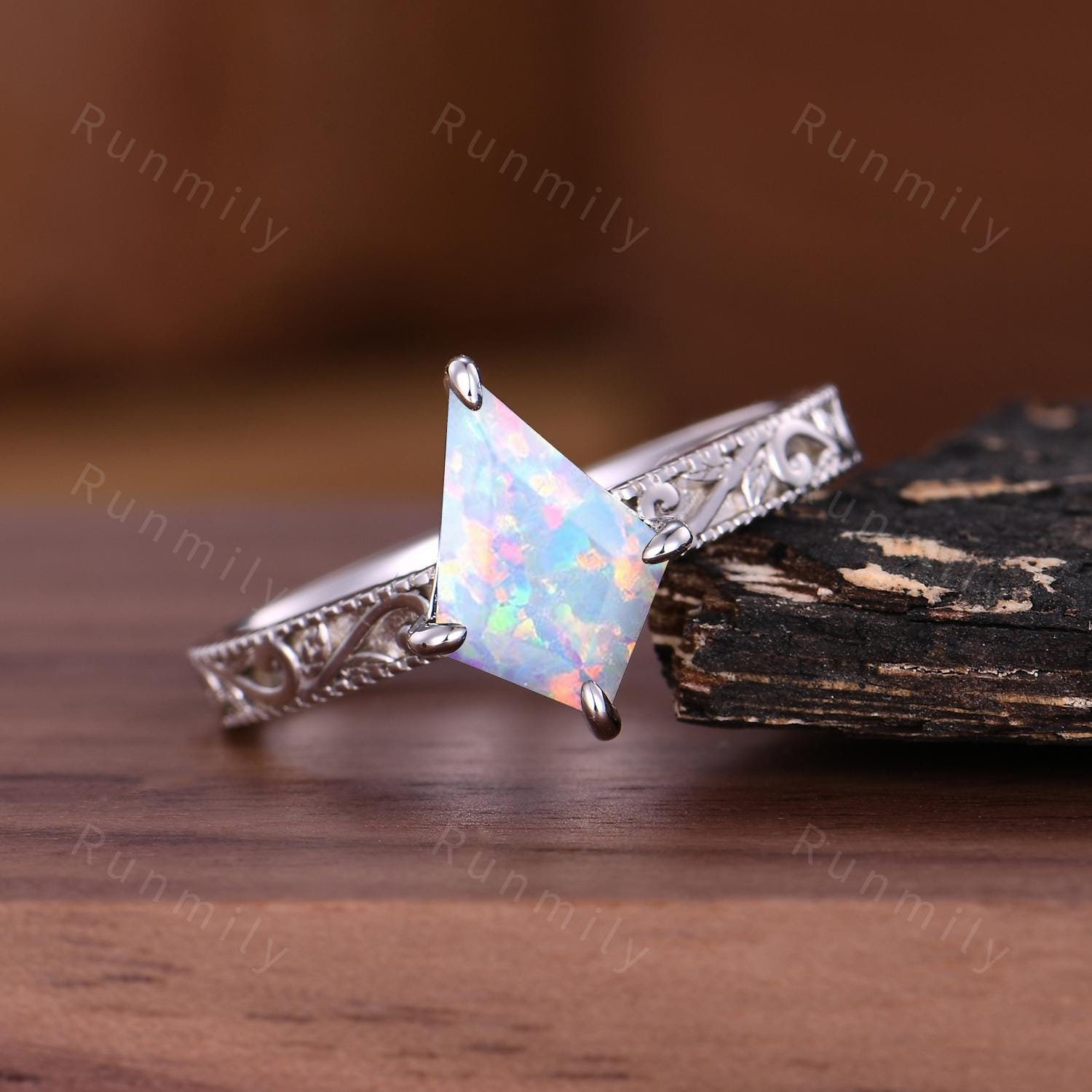 Kite Cut White Opal Engagement Ring Filigree Vintage Leaf Style 14k White Gold Antique Bridal Promise Ring October Ring