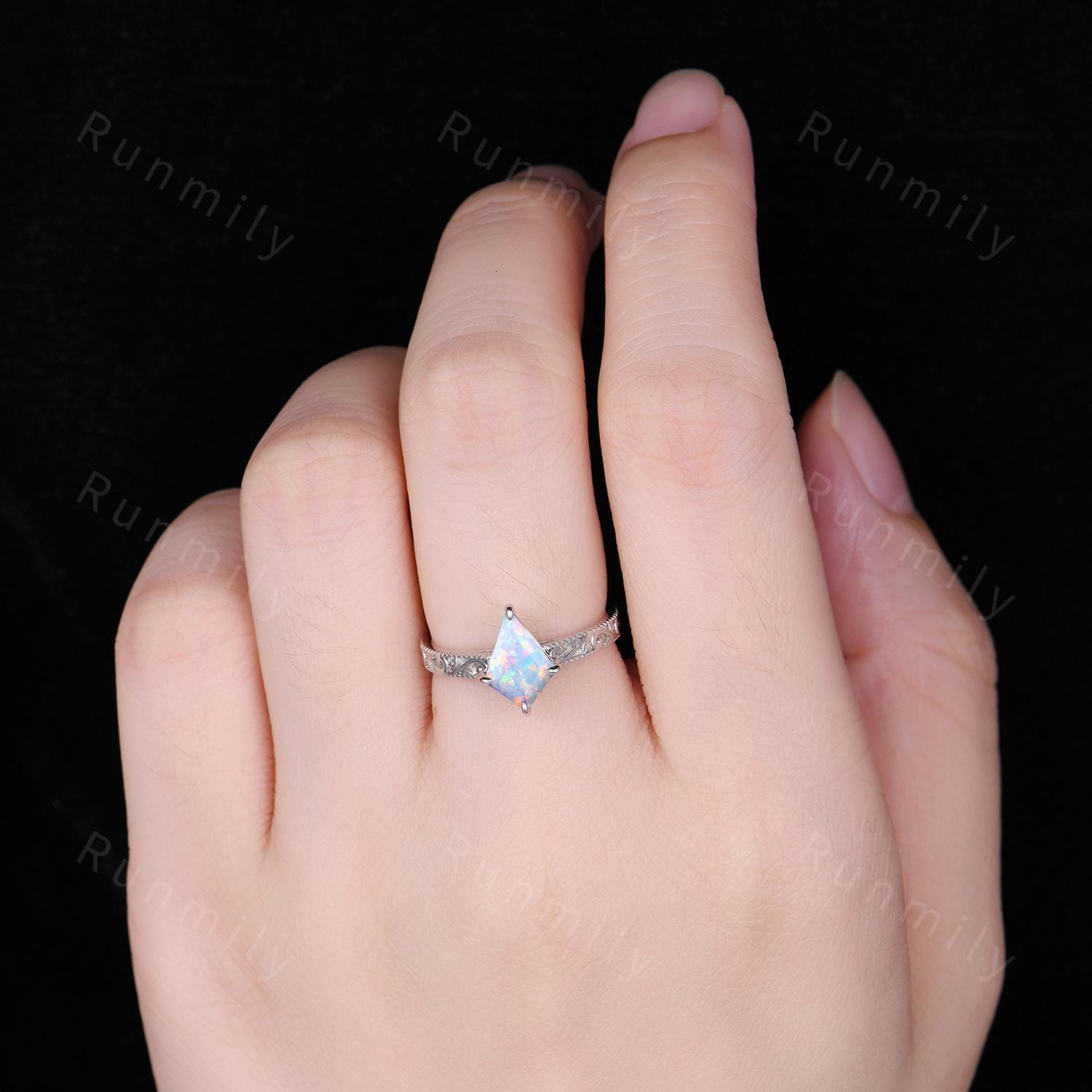 Kite Cut White Opal Engagement Ring Filigree Vintage Leaf Style 14k White Gold Antique Bridal Promise Ring October Ring