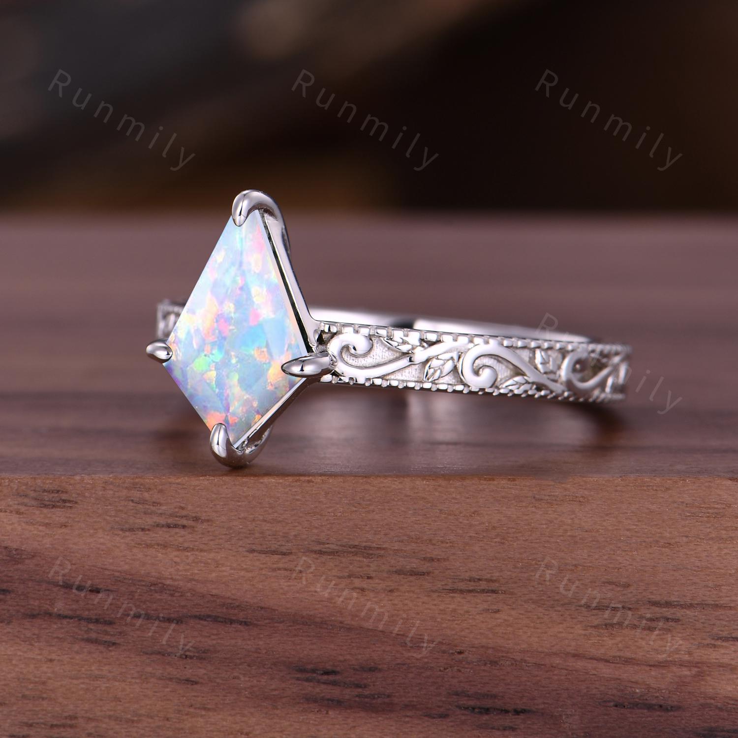 Kite Cut White Opal Engagement Ring Filigree Vintage Leaf Style 14k White Gold Antique Bridal Promise Ring October Ring