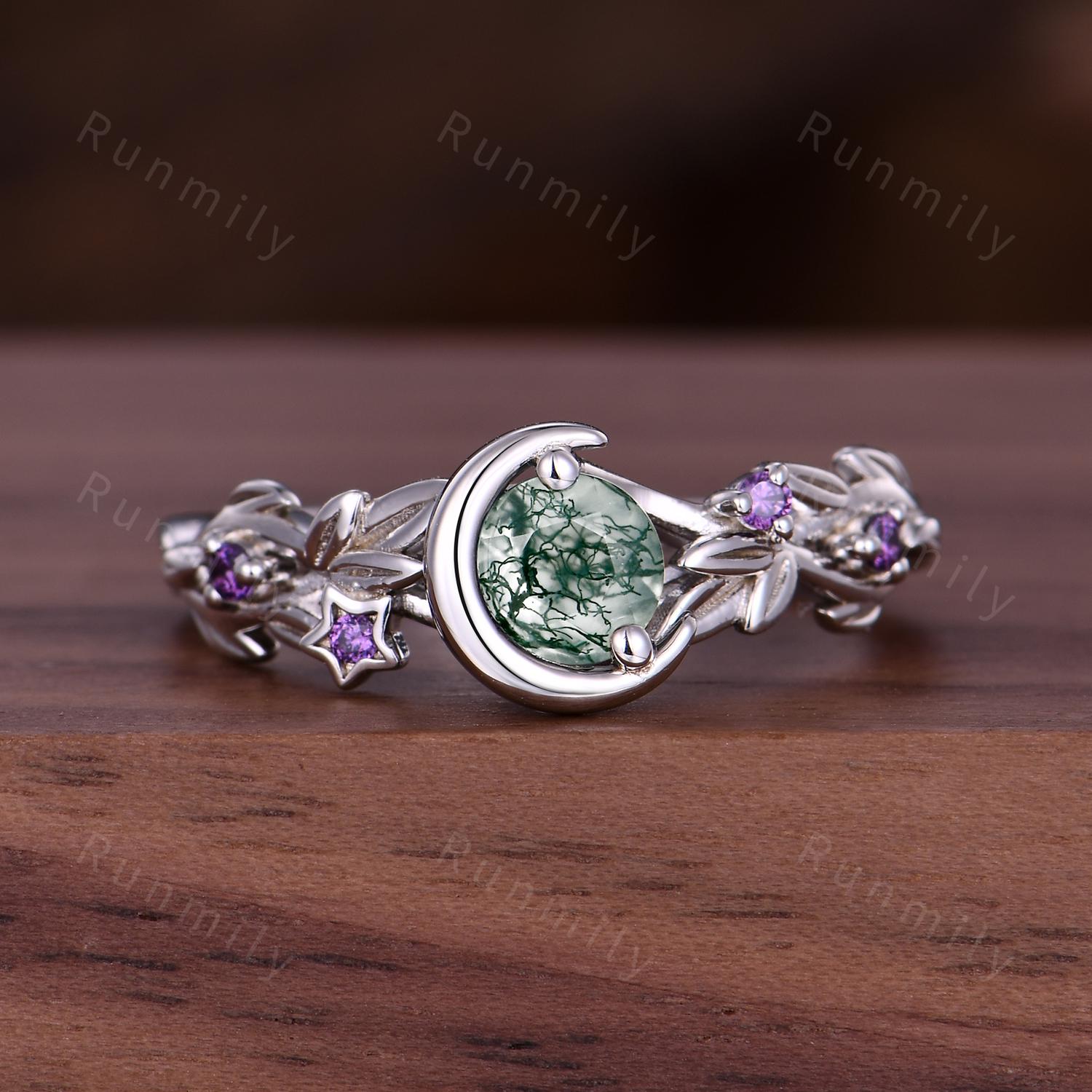 Round cut Moss Agate Engagement Ring Sterling Silver Art Deco Crescent Leaf Amethyst Ring Women Nature inspired Bridal Promise Wedding Ring
