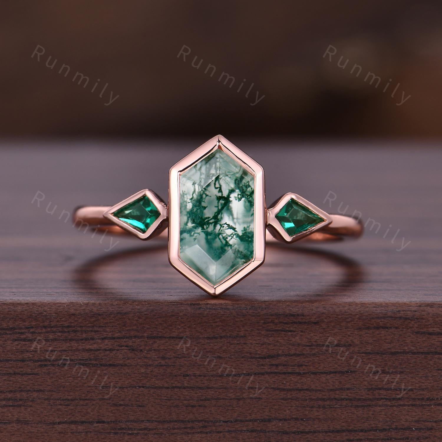 Moss Agate Emerald Engagement Ring Rose Gold Three Stone Ring For Women Hexagon Cut Bridal Ring Unique Women Promise Ring