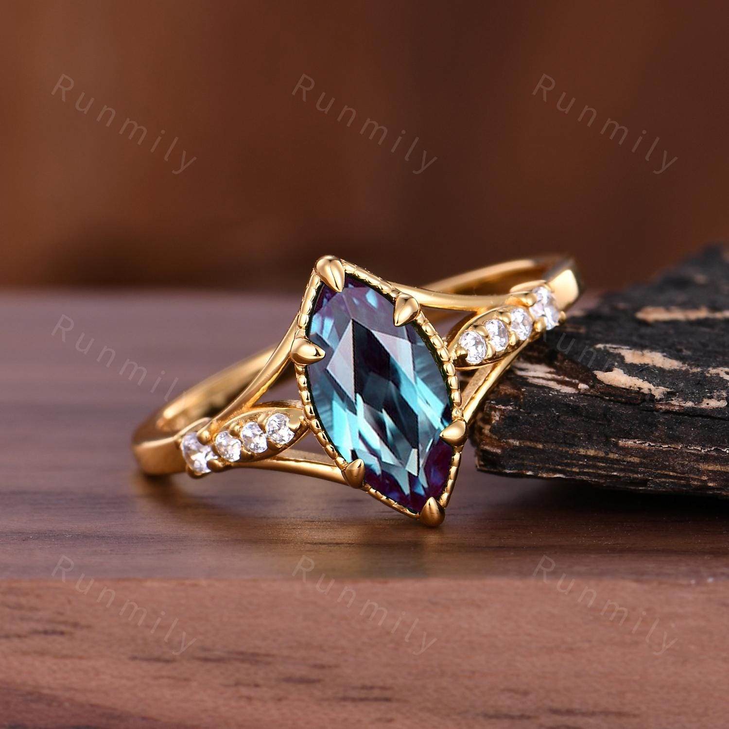 Alexandrite Engagement Ring - 14K Solid Yellow Gold Ring - Unique Art Deco Moissanite Wedding Ring - Vintage June Birthstone Promise Ring