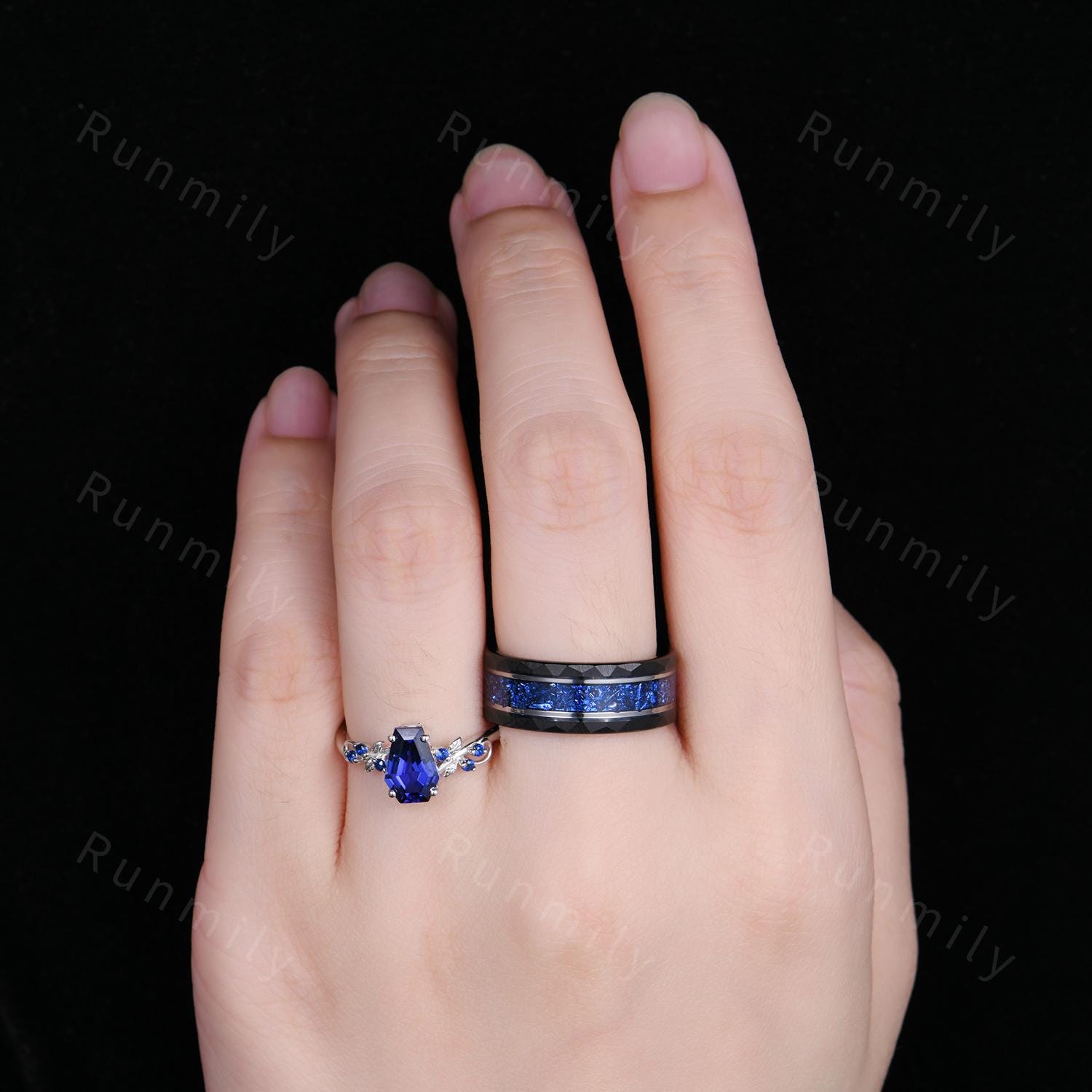 Coffin Cut Blue Sapphire Couples Ring Set - Unique His and Hers Wedding Band - Nature Inspired September Birthstone Matching Promise Rings