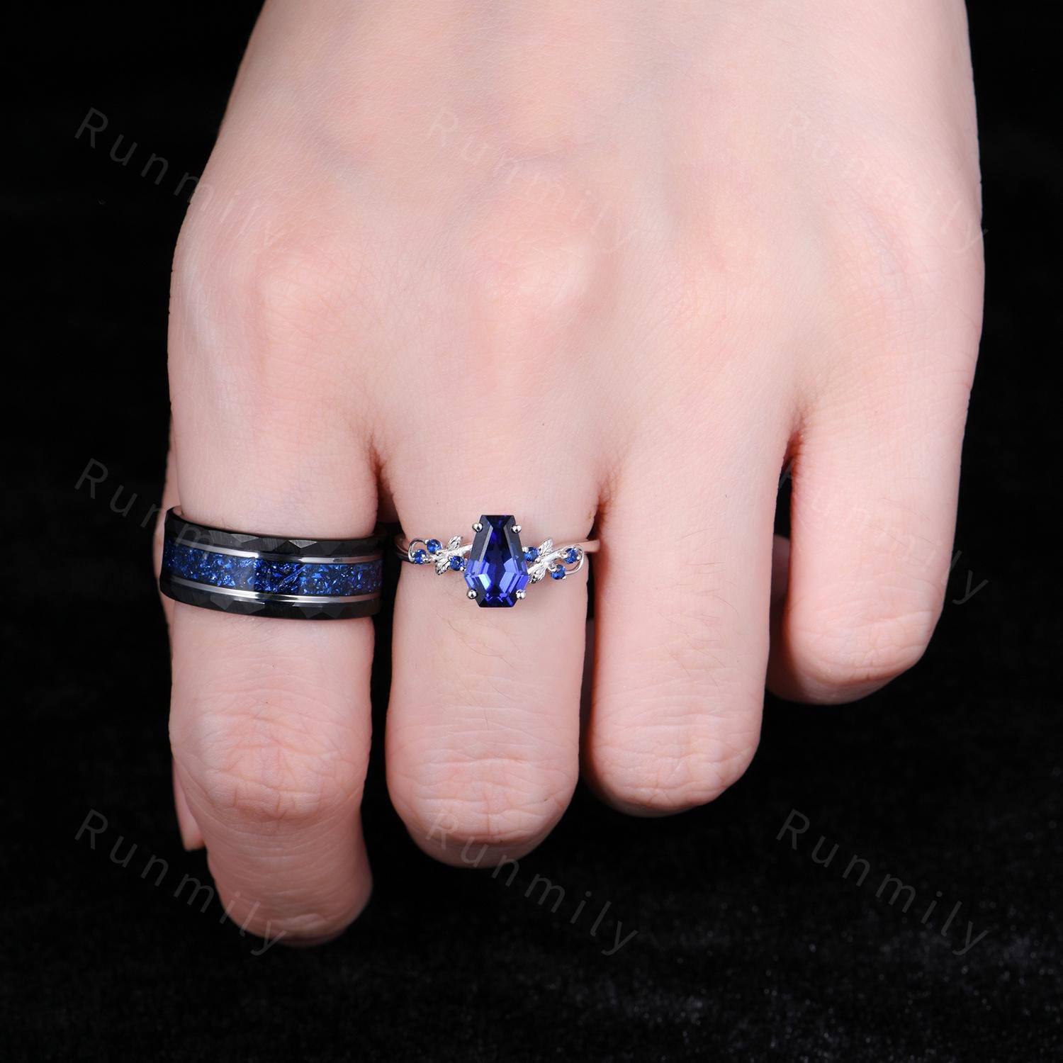 Coffin Cut Blue Sapphire Couples Ring Set - Unique His and Hers Wedding Band - Nature Inspired September Birthstone Matching Promise Rings
