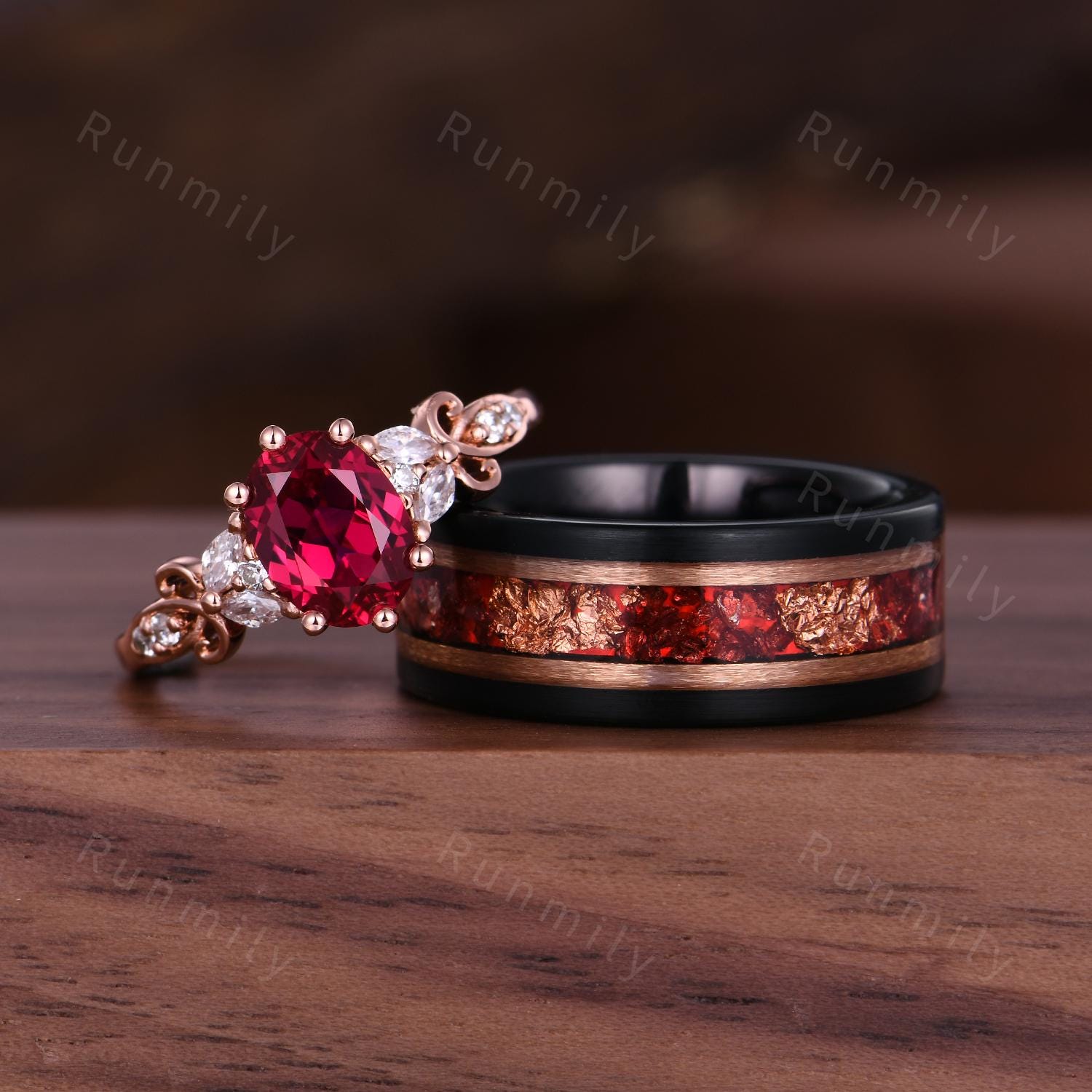 Oval Cut Ruby Couples Ring Set - Rose Gold His and Hers Wedding Band - Mens Tungsten Ruby Ring - July Birthstone Matching Promise Rings