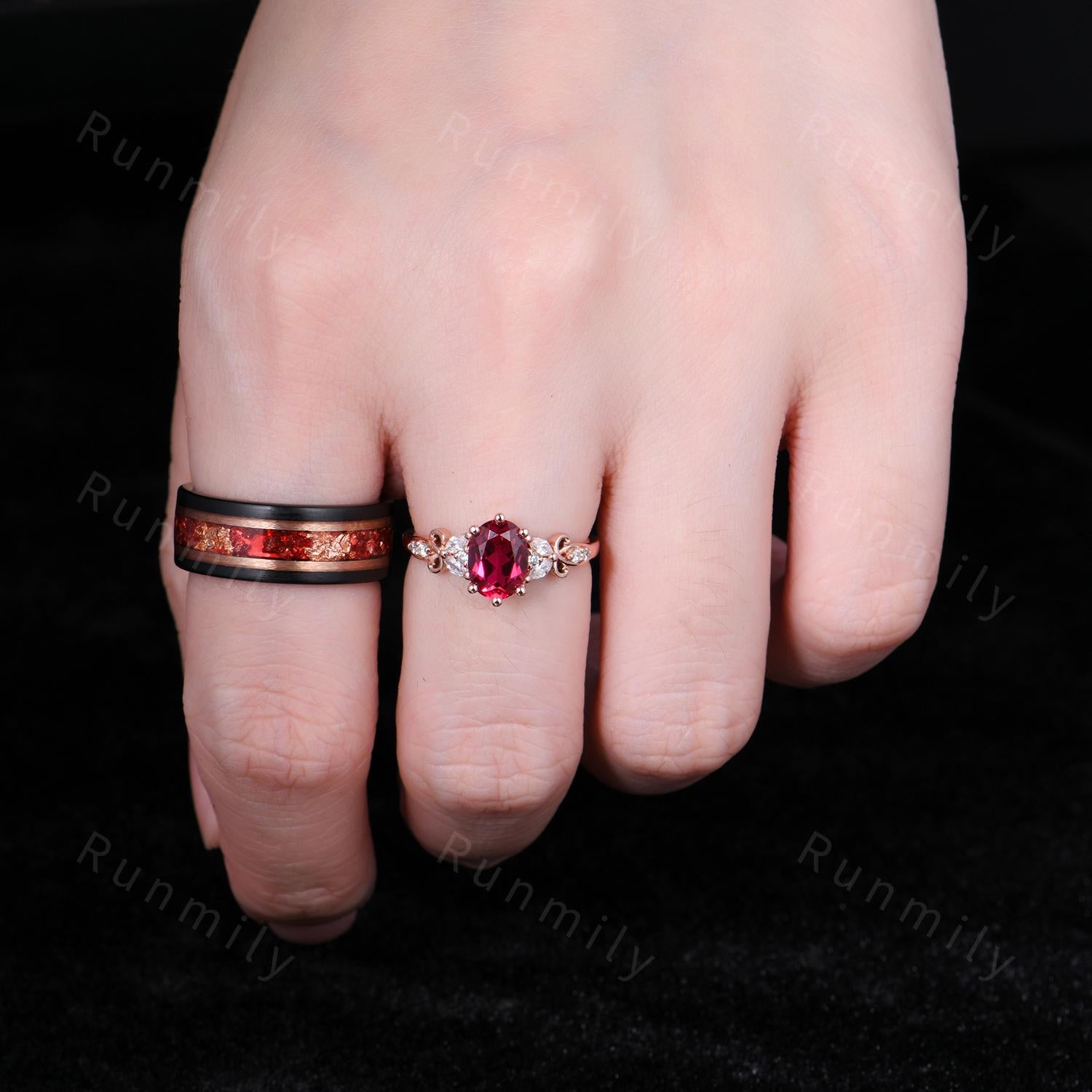 Oval Cut Ruby Couples Ring Set - Rose Gold His and Hers Wedding Band - Mens Tungsten Ruby Ring - July Birthstone Matching Promise Rings