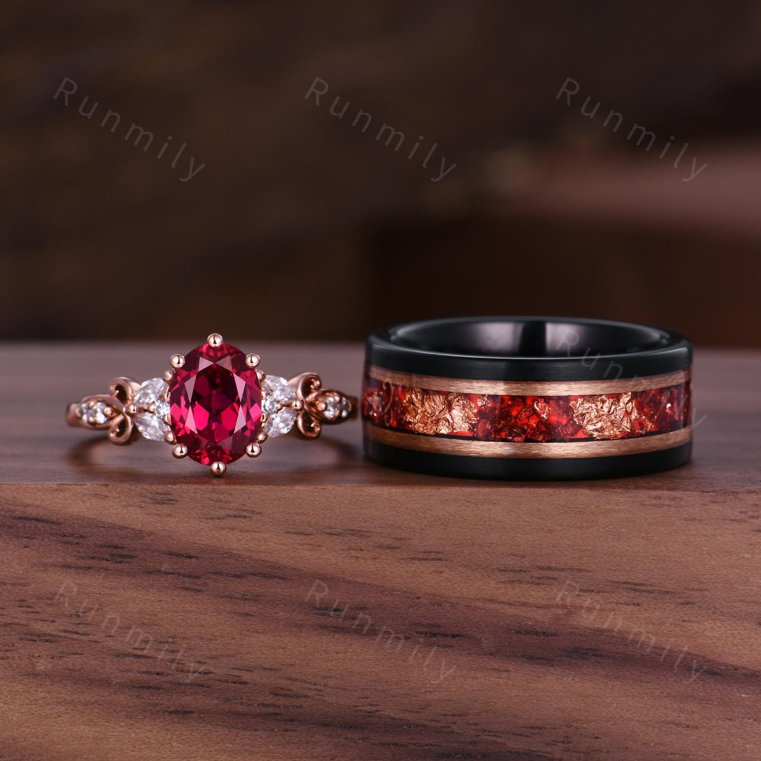 Oval Cut Ruby Couples Ring Set - Rose Gold His and Hers Wedding Band - Mens Tungsten Ruby Ring - July Birthstone Matching Promise Rings