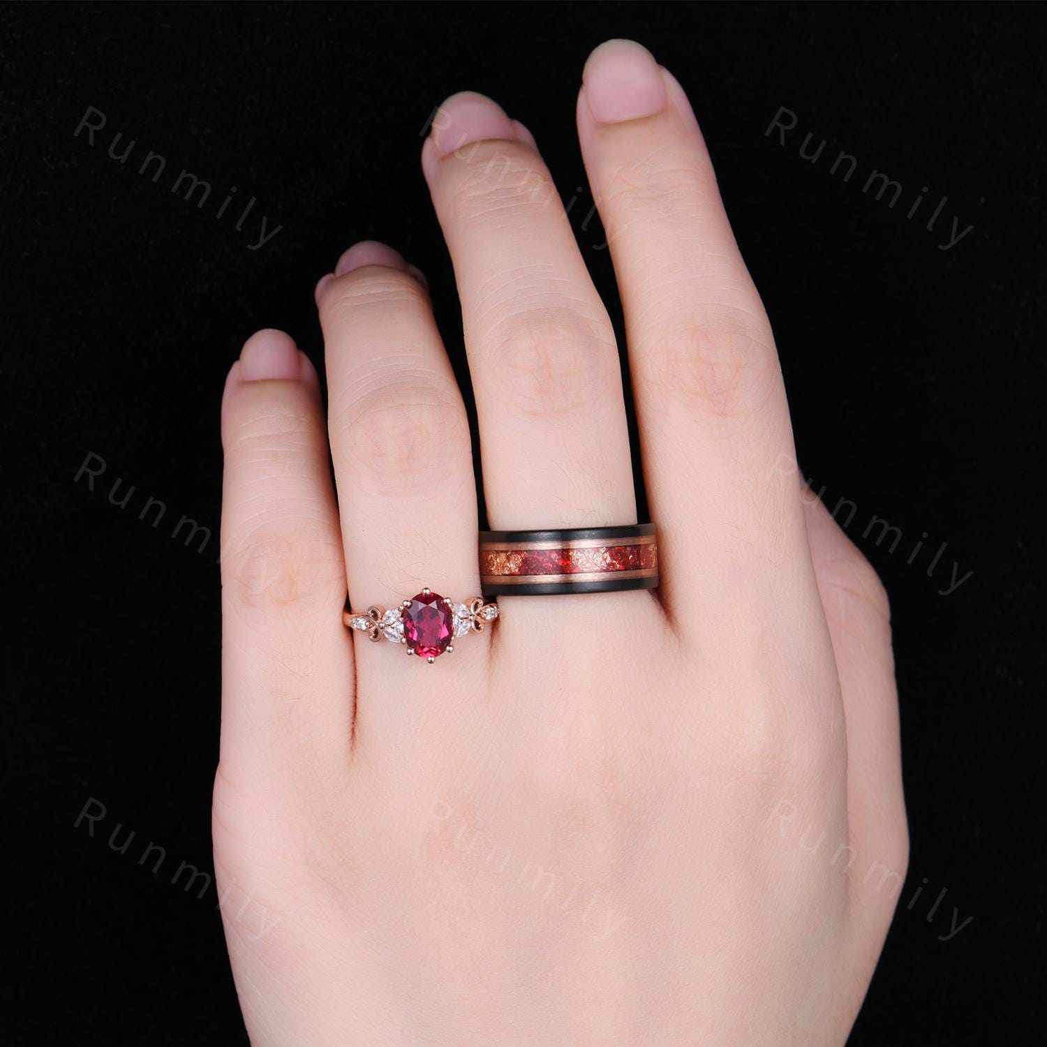 Oval Cut Ruby Couples Ring Set - Rose Gold His and Hers Wedding Band - Mens Tungsten Ruby Ring - July Birthstone Matching Promise Rings