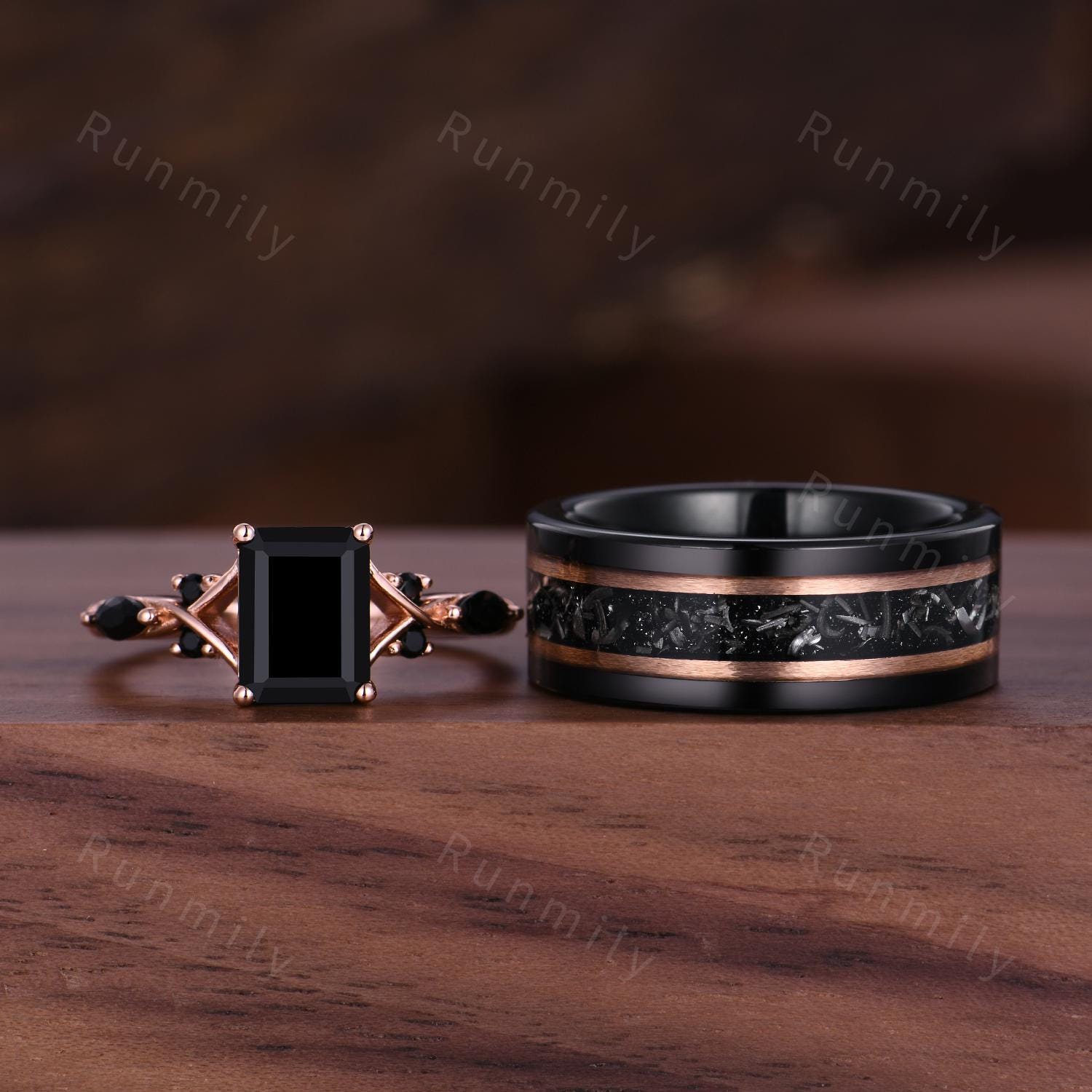 Vintage Black Onyx Couples Ring Set Emerald Cut Black Gemstone Ring Rose Gold His and Hers Wedding Band Mens Meteorite Ring Promise Rings