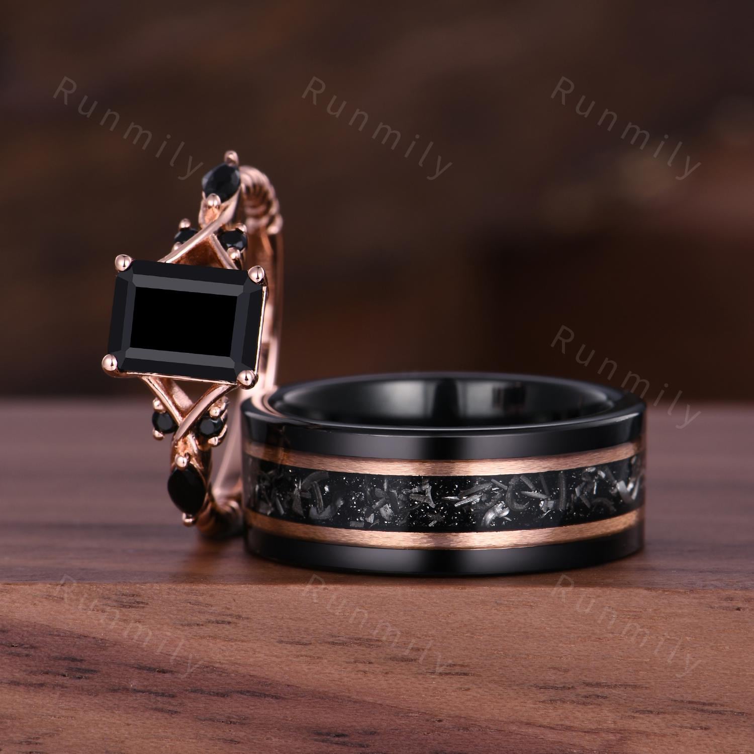 Vintage Black Onyx Couples Ring Set Emerald Cut Black Gemstone Ring Rose Gold His and Hers Wedding Band Mens Meteorite Ring Promise Rings