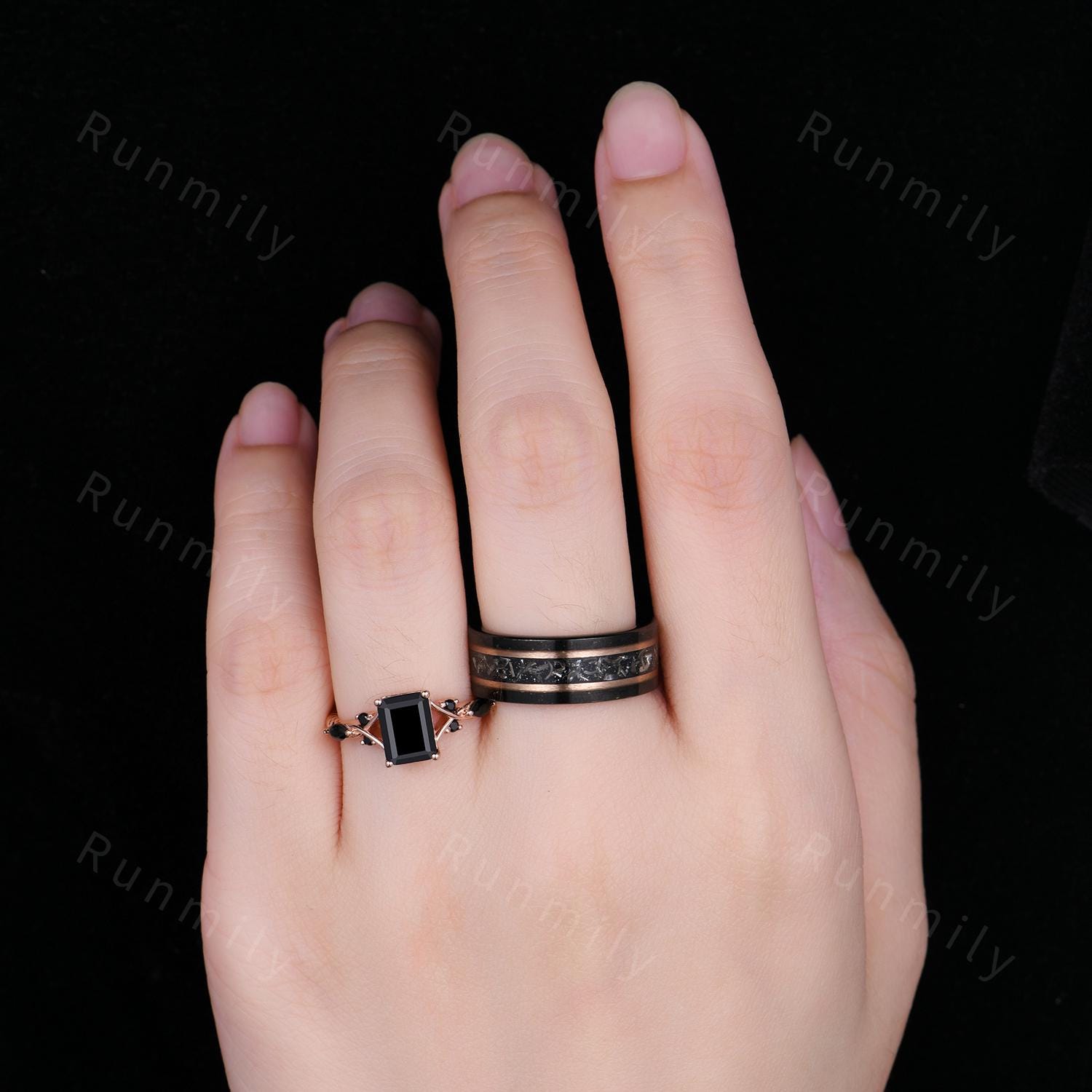 Vintage Black Onyx Couples Ring Set Emerald Cut Black Gemstone Ring Rose Gold His and Hers Wedding Band Mens Meteorite Ring Promise Rings